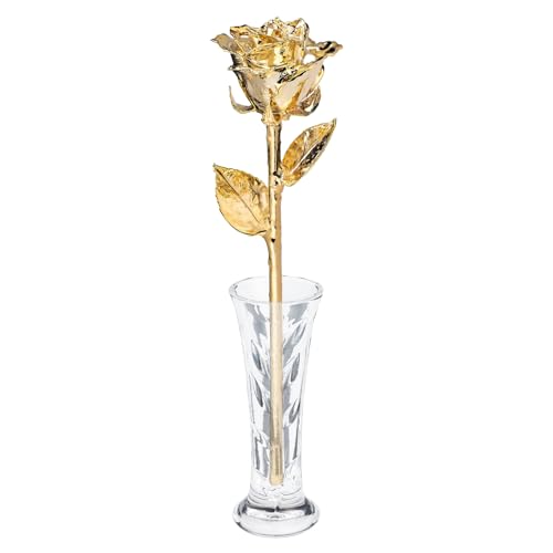 Forever Rose Real 24K Gold Rose & Clear Glass Bud Vase, Genuine One of a Kind Rose Hand Dipped in 24K Gold to Last a Lifetime