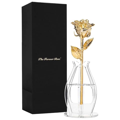 Forever Rose Real 24K Gold Rose & Clear Glass Bud Vase, Genuine One of a Kind Rose Hand Dipped in 24K Gold to Last a Lifetime