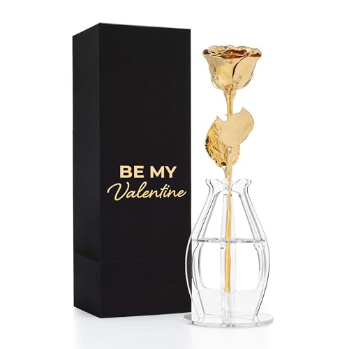 Forever Rose Real 24K Gold Rose & Clear Glass Bud Vase, Genuine One of a Kind Rose Hand Dipped in 24K Gold to Last a Lifetime