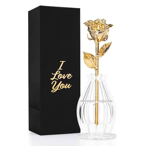 Forever Rose Real 24K Gold Rose & Clear Glass Bud Vase, Genuine One of a Kind Rose Hand Dipped in 24K Gold to Last a Lifetime