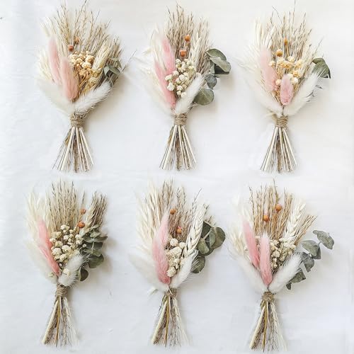 Mini Dried Flower Bouquet Set of 6, Boho Wedding Decor, Boutonniere for Men,Table Centerpieces, Dry Pampas Grass,Birthday Cake Flowers,Personalized Bridesmaid Gift Box,Small Bottles Decoration.(White)