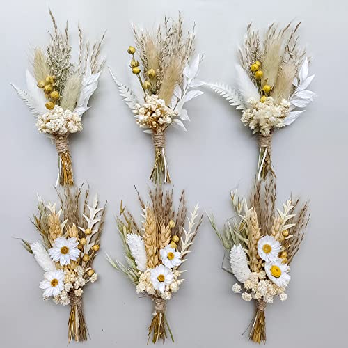 Mini Dried Flower Bouquet Set of 6, Boho Wedding Decor, Boutonniere for Men,Table Centerpieces, Dry Pampas Grass,Birthday Cake Flowers,Personalized Bridesmaid Gift Box,Small Bottles Decoration.(White)