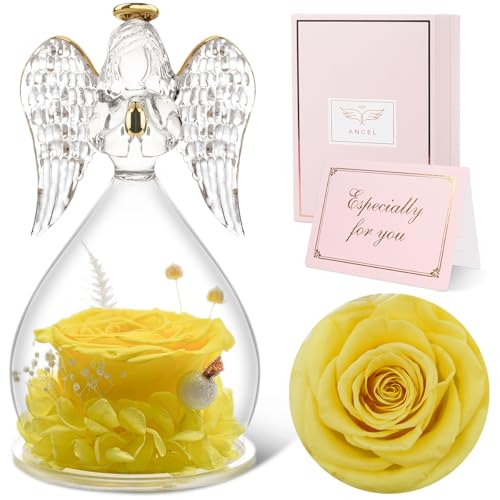 Sunia Preserved Flower Rose Birthday Gifts for Mom, Glass Angels Figurines Gifts for Women Grandma Mothers, Forever Real Flowers Unique Gifts for Valentine Mother's Day Anniversary Thanksgiving ﻿