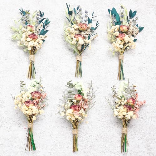 Mini Dried Flower Bouquet Set of 6, Boho Wedding Decor, Boutonniere for Men,Table Centerpieces, Dry Pampas Grass,Birthday Cake Flowers,Personalized Bridesmaid Gift Box,Small Bottles Decoration.(White)