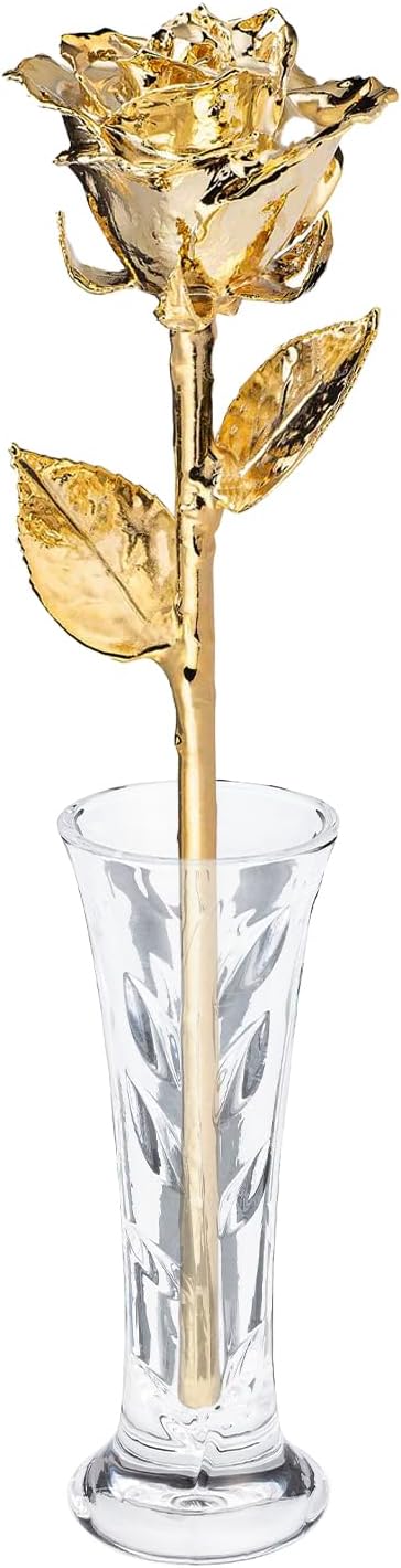 Forever Rose Real 24K Gold Rose & Clear Glass Bud Vase, Genuine One of a Kind Rose Hand Dipped in 24K Gold to Last a Lifetime