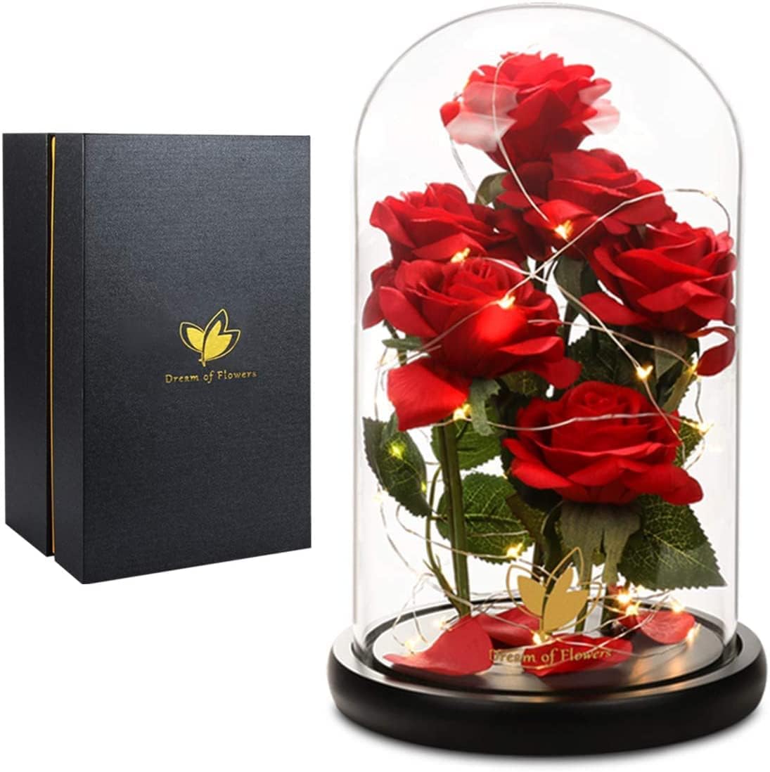 Valentines Day Flowers Roses Gifts for Her,Beauty and The Beast Rose with LED Light,Rose in Glass Dome Romantic Rose Gifts for Wife Girlfriend Mom Best Friend,Red Rose Gifts for Her