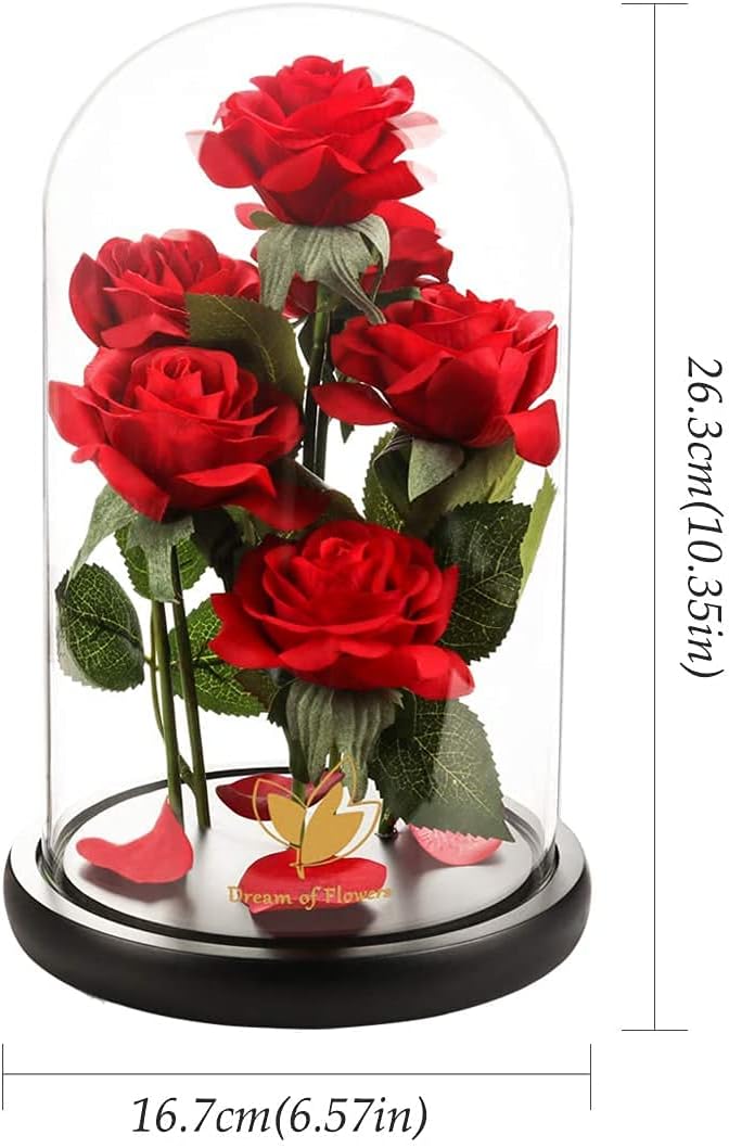 Valentines Day Flowers Roses Gifts for Her,Beauty and The Beast Rose with LED Light,Rose in Glass Dome Romantic Rose Gifts for Wife Girlfriend Mom Best Friend,Red Rose Gifts for Her