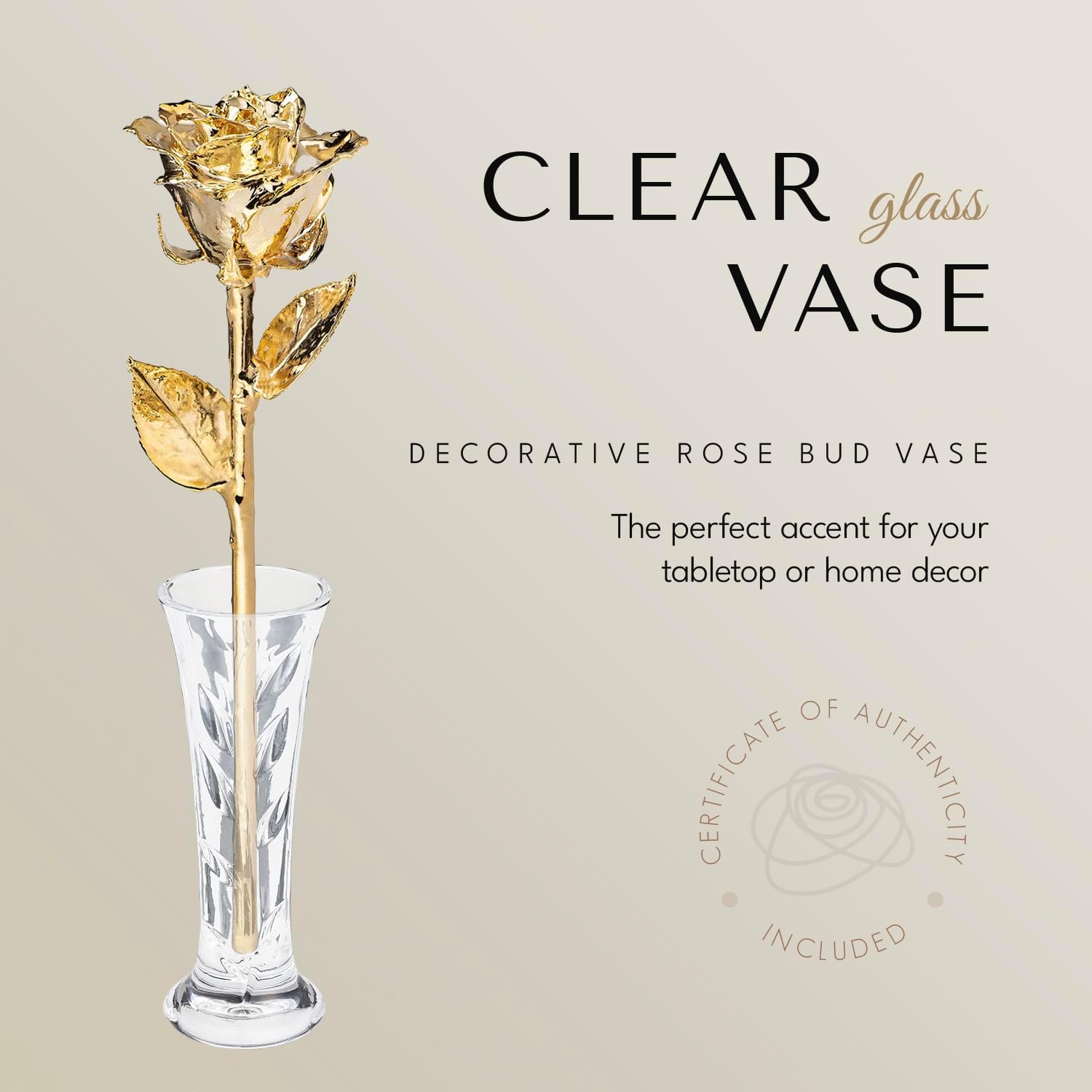 Forever Rose Real 24K Gold Rose & Clear Glass Bud Vase, Genuine One of a Kind Rose Hand Dipped in 24K Gold to Last a Lifetime