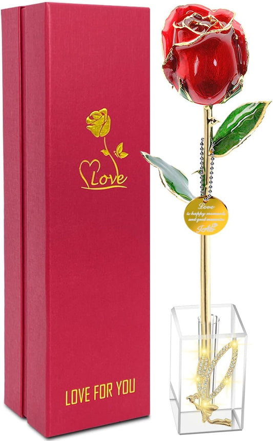 24k Gold Rose Valentines Day Gifts for Her Women,Real Rose Dipped 24K Gold,Best Gifts for Valentines Day Christmas Birthday Anniversary for Women,Mom,Grandma(Red,Crystal Stand)