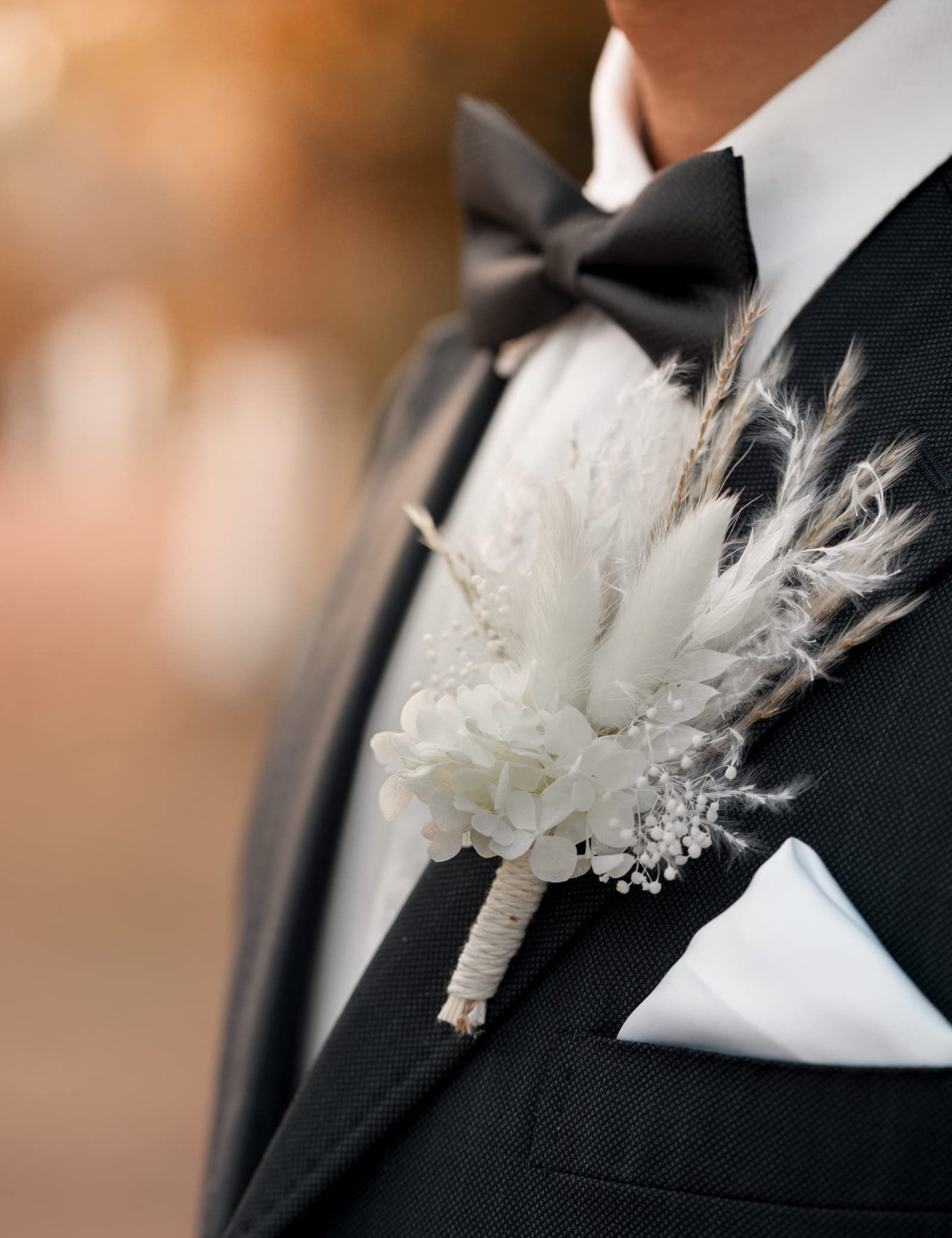 Dried Flowers Boutonnieres 2-Piece Set for Men Wedding Groom Boho Pampas White Boutonniere (White)