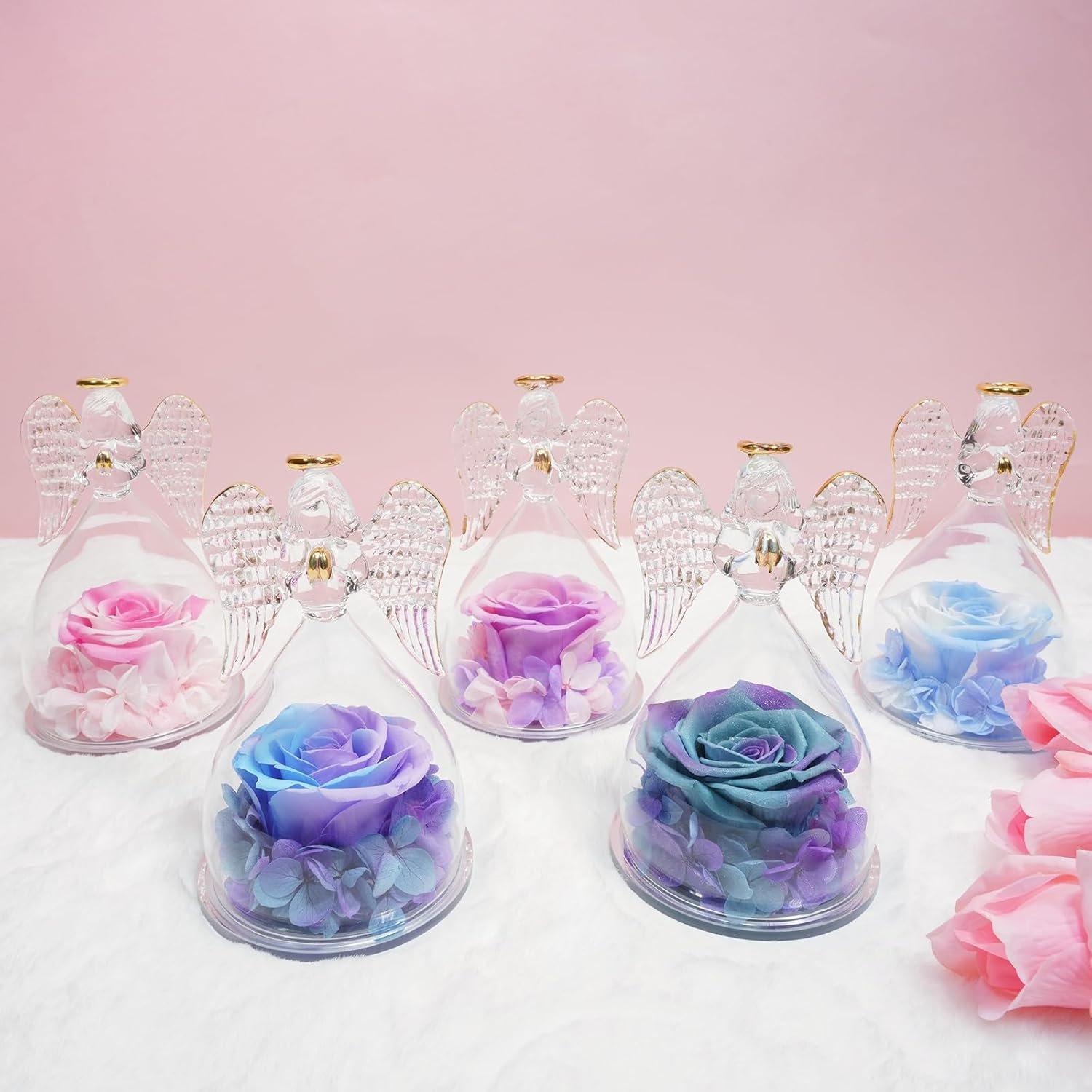 Sunia Preserved Flower Rose Birthday Gifts for Mom, Glass Angels Figurines Gifts for Women Grandma Mothers, Forever Real Flowers Unique Gifts for Valentine Mother's Day Anniversary Thanksgiving ﻿