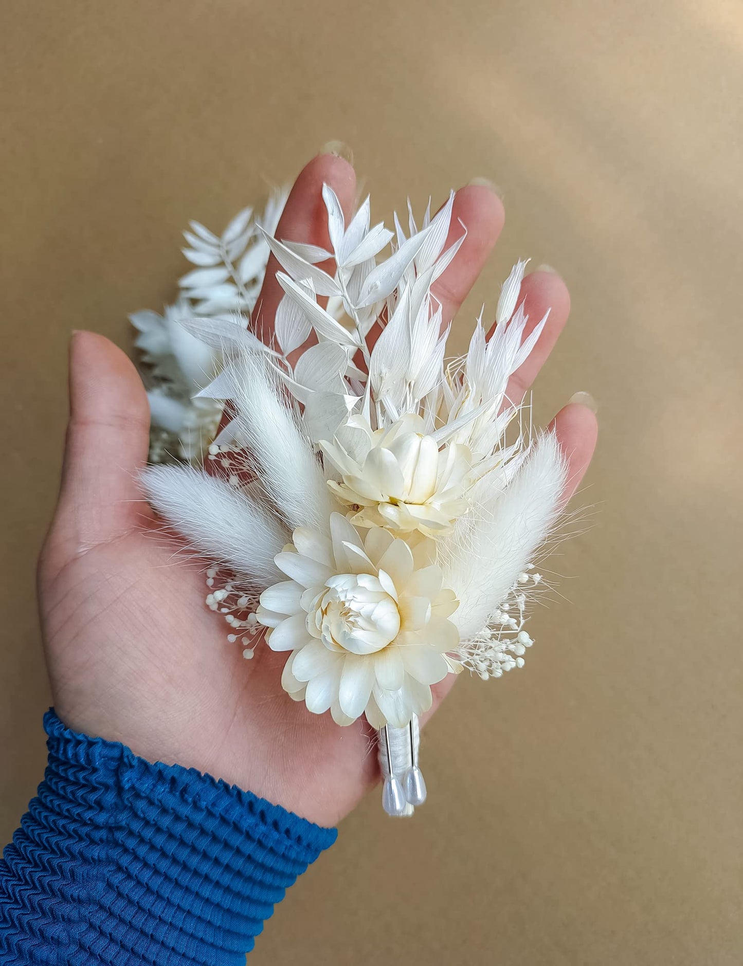 Dried Flowers Boutonnieres 2-Piece Set for Men Wedding Groom Boho Pampas White Boutonniere (White)