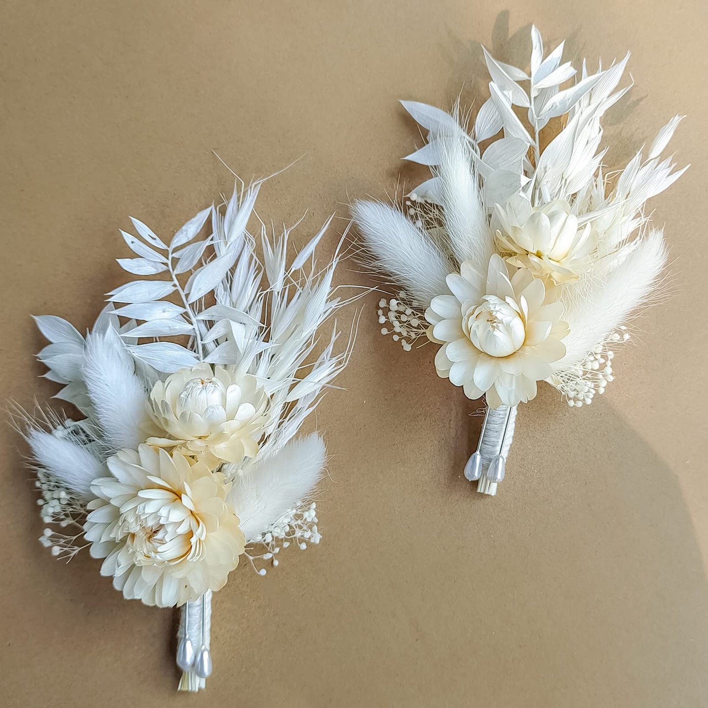 Dried Flowers Boutonnieres 2-Piece Set for Men Wedding Groom Boho Pampas White Boutonniere (White)