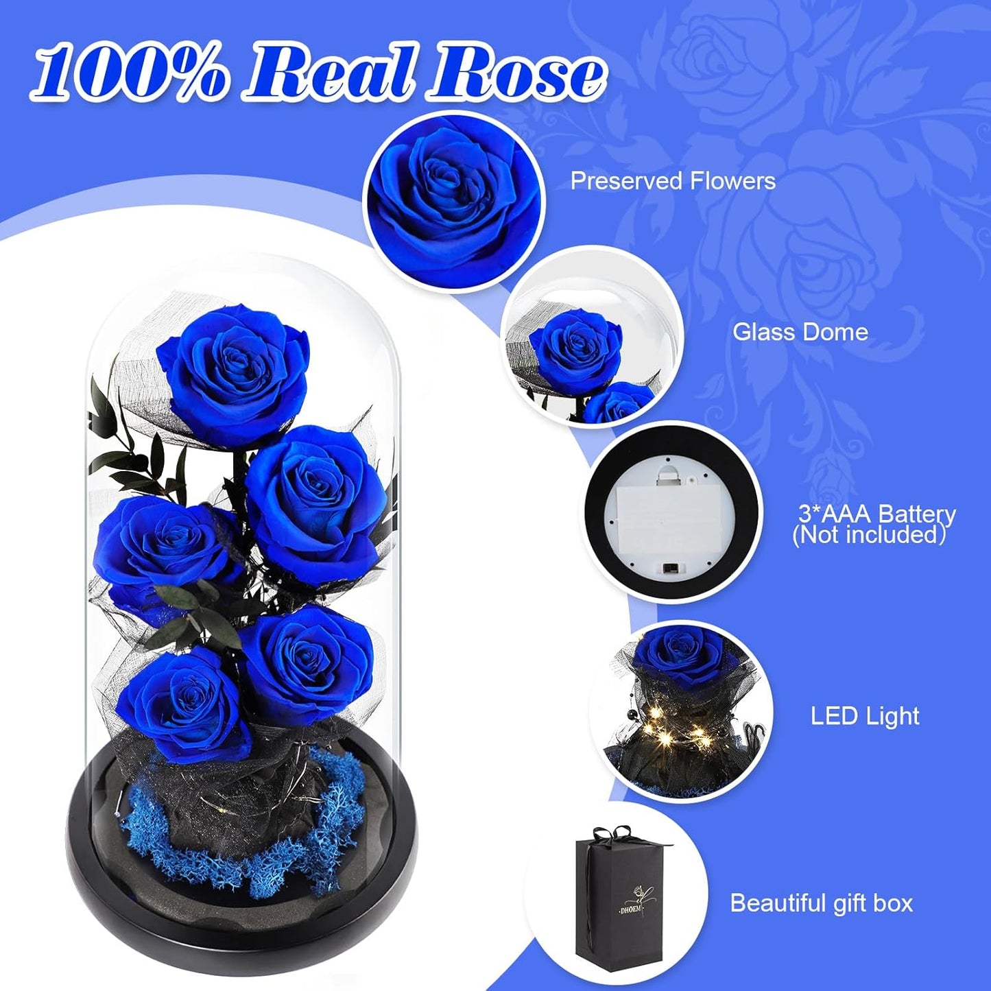 Valentines Day Gifts for Her Forever Flowers Roses in Glass Dome Delivery, Birthday Preserved Flower Gift for Women, Eternal Fresh Rose Flowers Mothers Day Gifts for Mom Wife Grandma(Royal Blue)