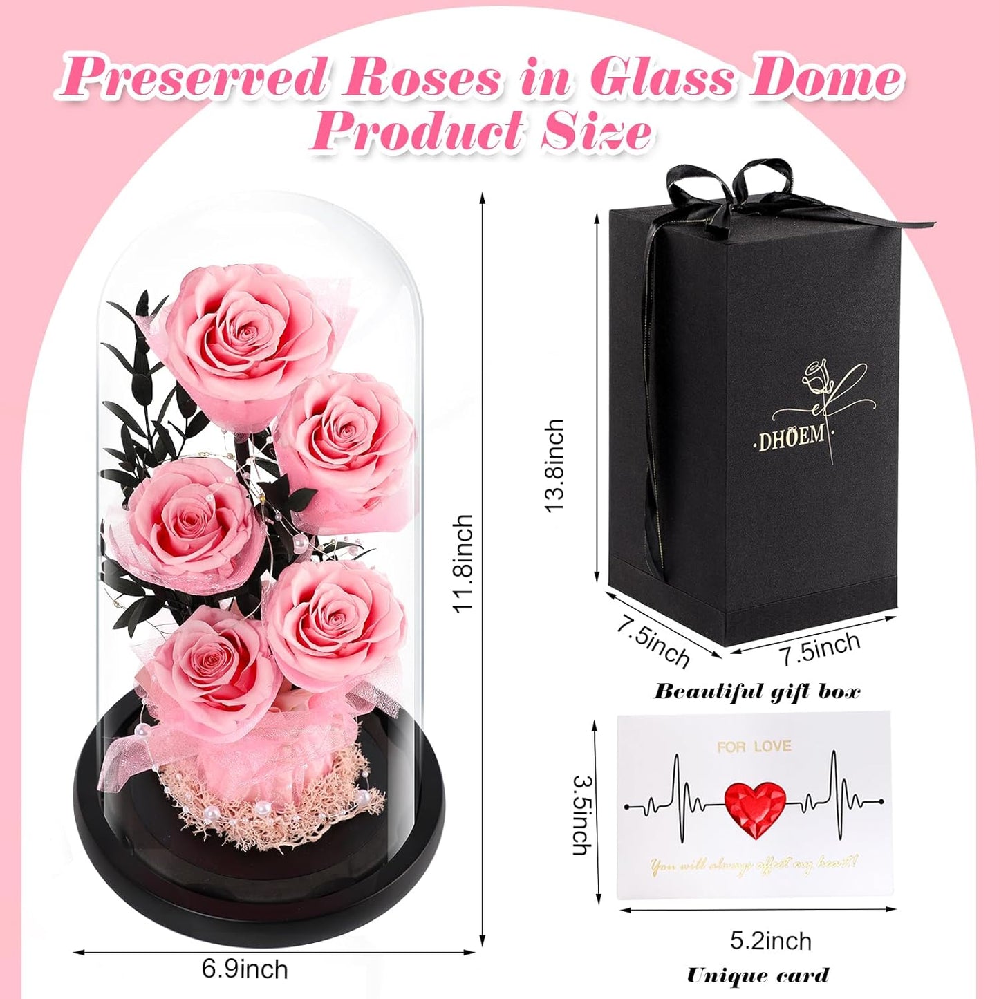 Valentines Day Gifts for Her Forever Flowers Roses in Glass Dome Delivery, Birthday Preserved Flower Gift for Women, Eternal Fresh Rose Flowers Mothers Day Gifts for Mom Wife Grandma(Pink Rose)