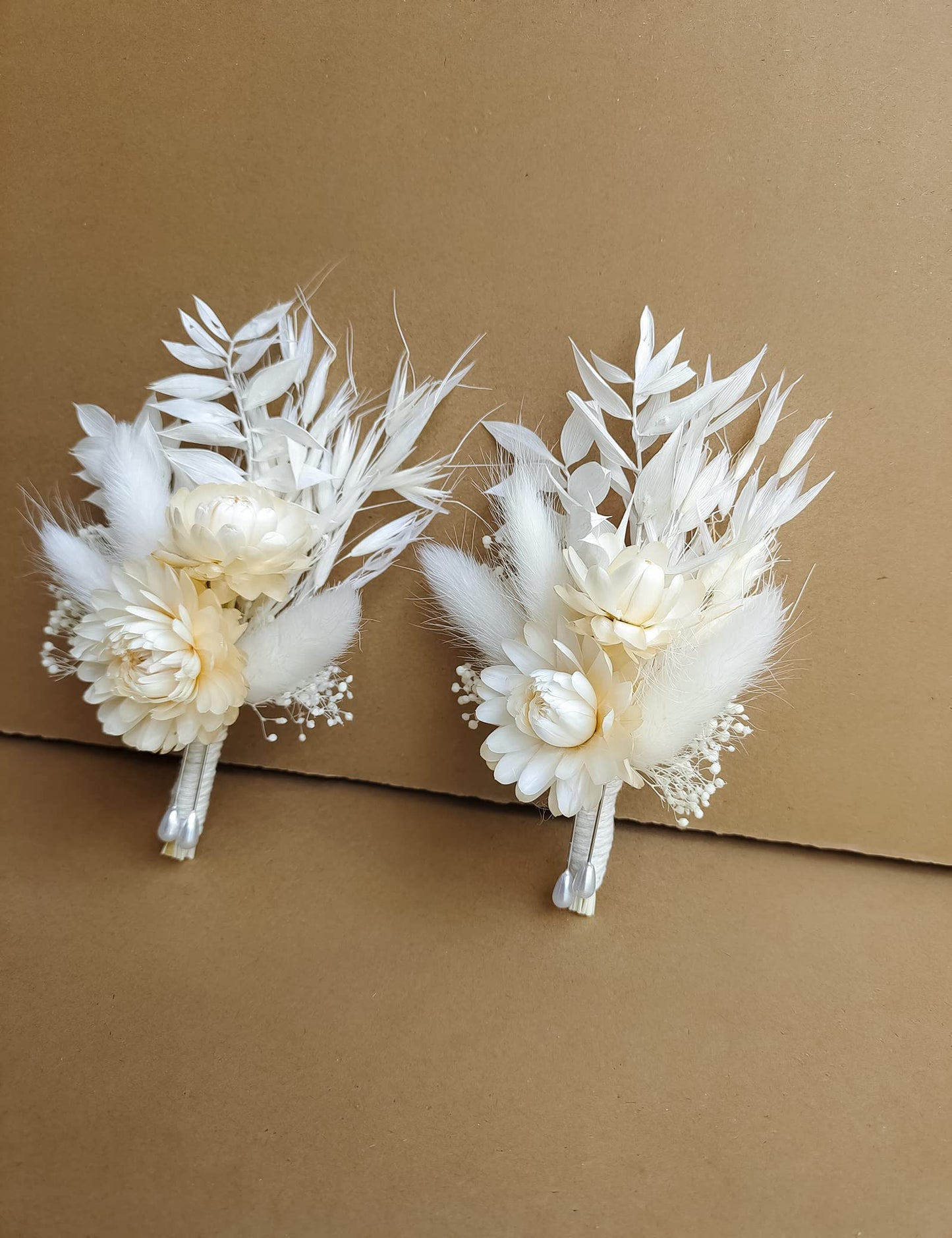 Dried Flowers Boutonnieres 2-Piece Set for Men Wedding Groom Boho Pampas White Boutonniere (White)