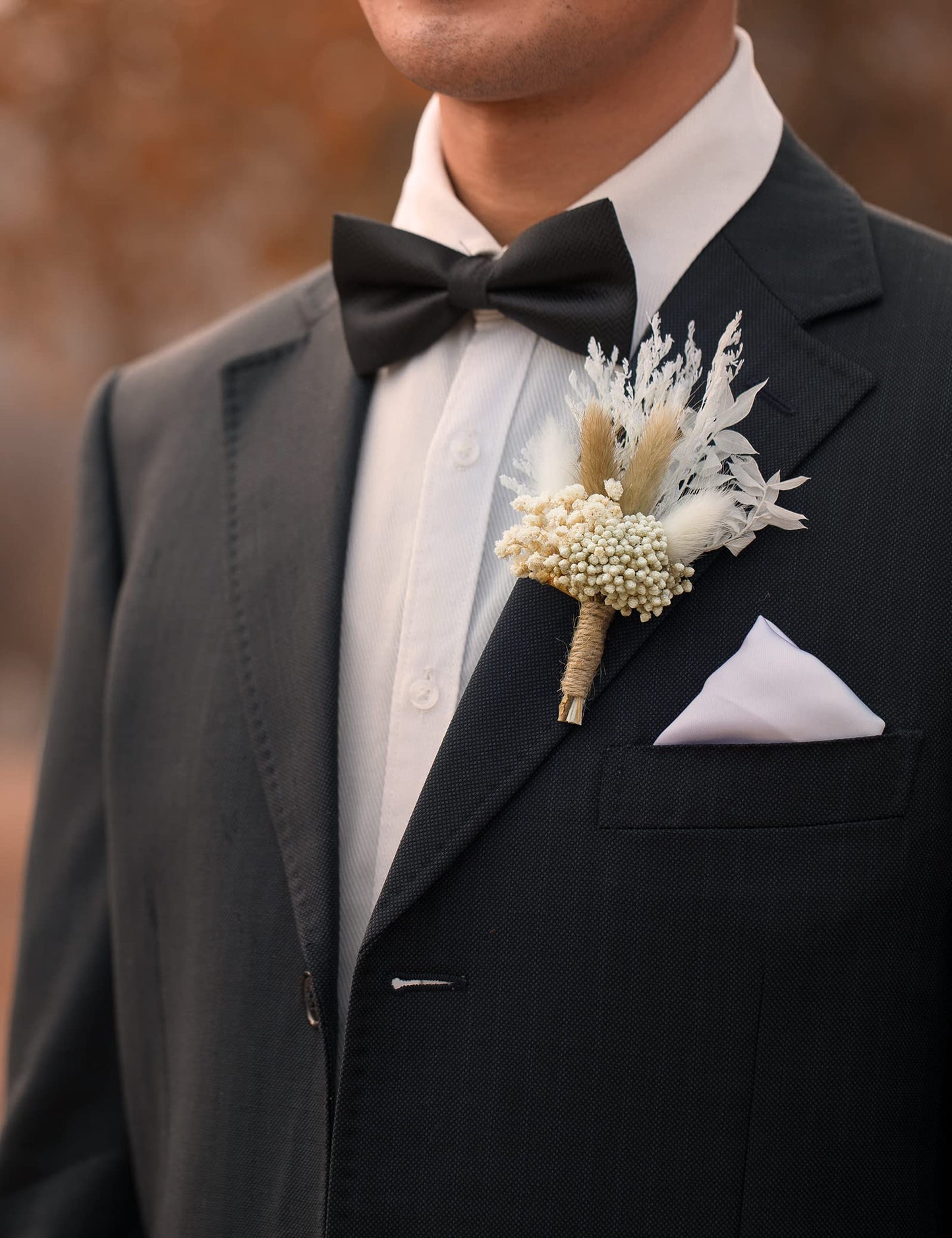 Dried Flowers Boutonnieres 2-Piece Set for Men Wedding Groom Boho Pampas White Boutonniere (White)