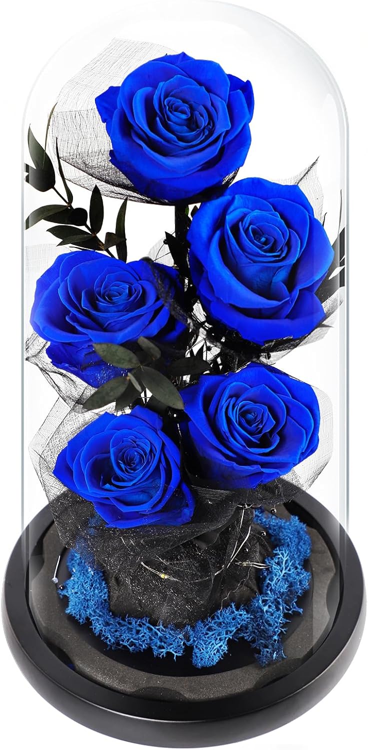 Valentines Day Gifts for Her Forever Flowers Roses in Glass Dome Delivery, Birthday Preserved Flower Gift for Women, Eternal Fresh Rose Flowers Mothers Day Gifts for Mom Wife Grandma(Royal Blue)