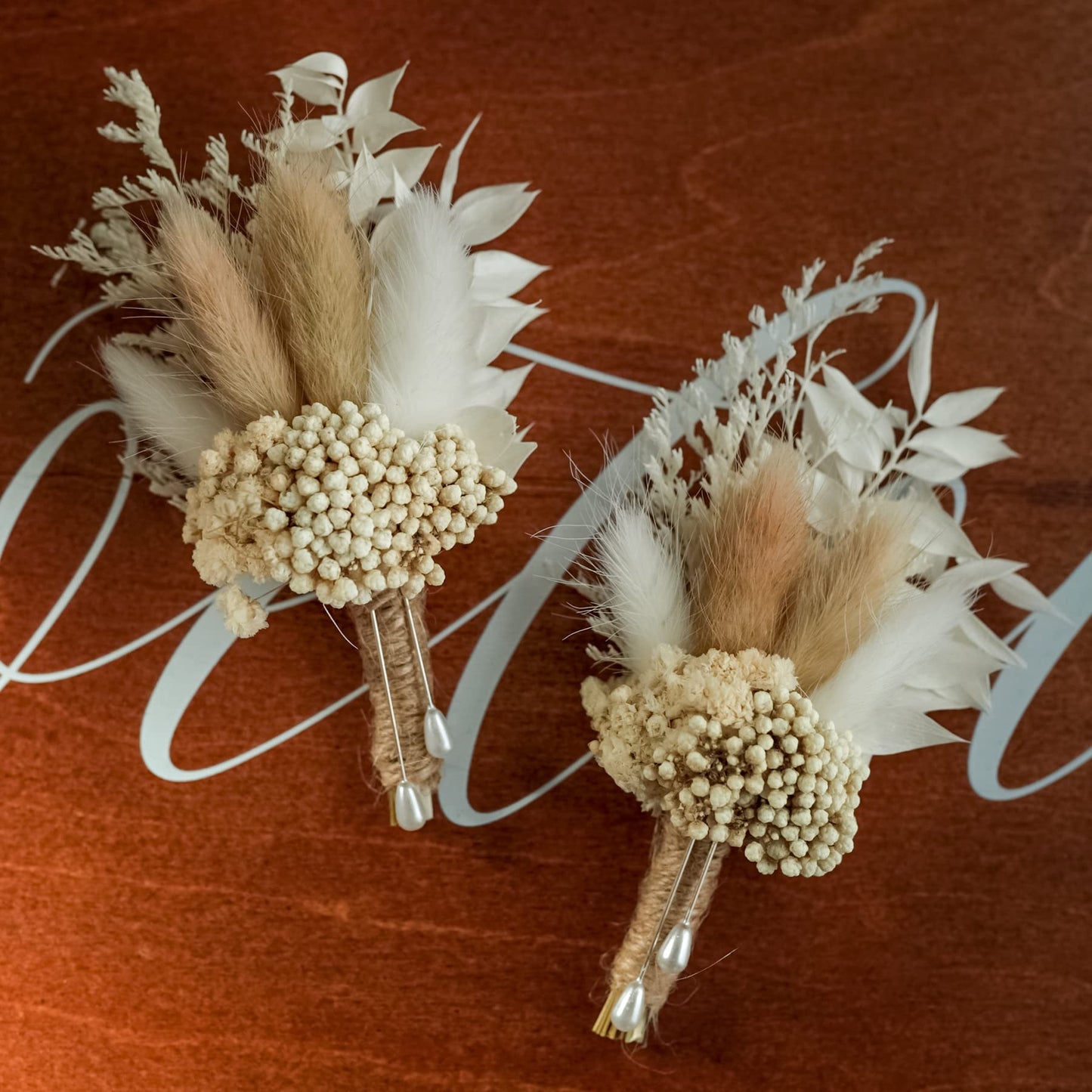 Dried Flowers Boutonnieres 2-Piece Set for Men Wedding Groom Boho Pampas White Boutonniere (White)