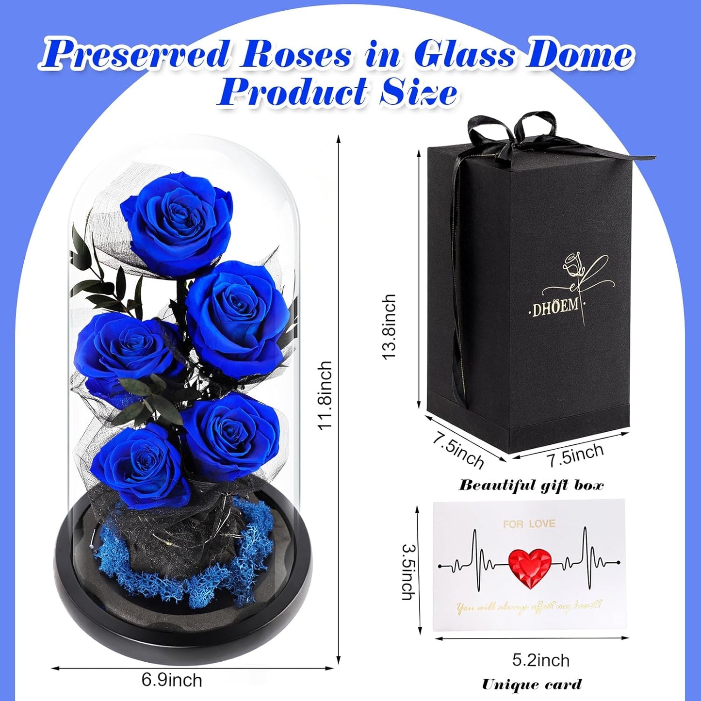 Valentines Day Gifts for Her Forever Flowers Roses in Glass Dome Delivery, Birthday Preserved Flower Gift for Women, Eternal Fresh Rose Flowers Mothers Day Gifts for Mom Wife Grandma(Royal Blue)