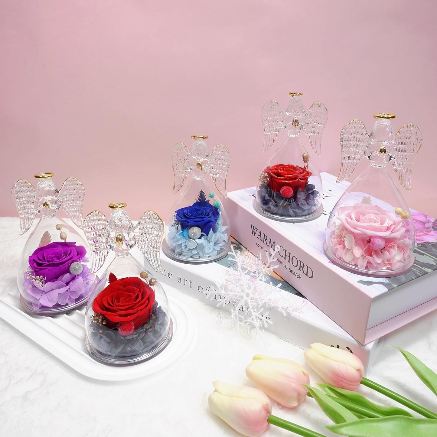 Sunia Preserved Flower Rose Birthday Gifts for Mom, Glass Angels Figurines Gifts for Women Grandma Mothers, Forever Real Flowers Unique Gifts for Valentine Mother's Day Anniversary Thanksgiving ﻿