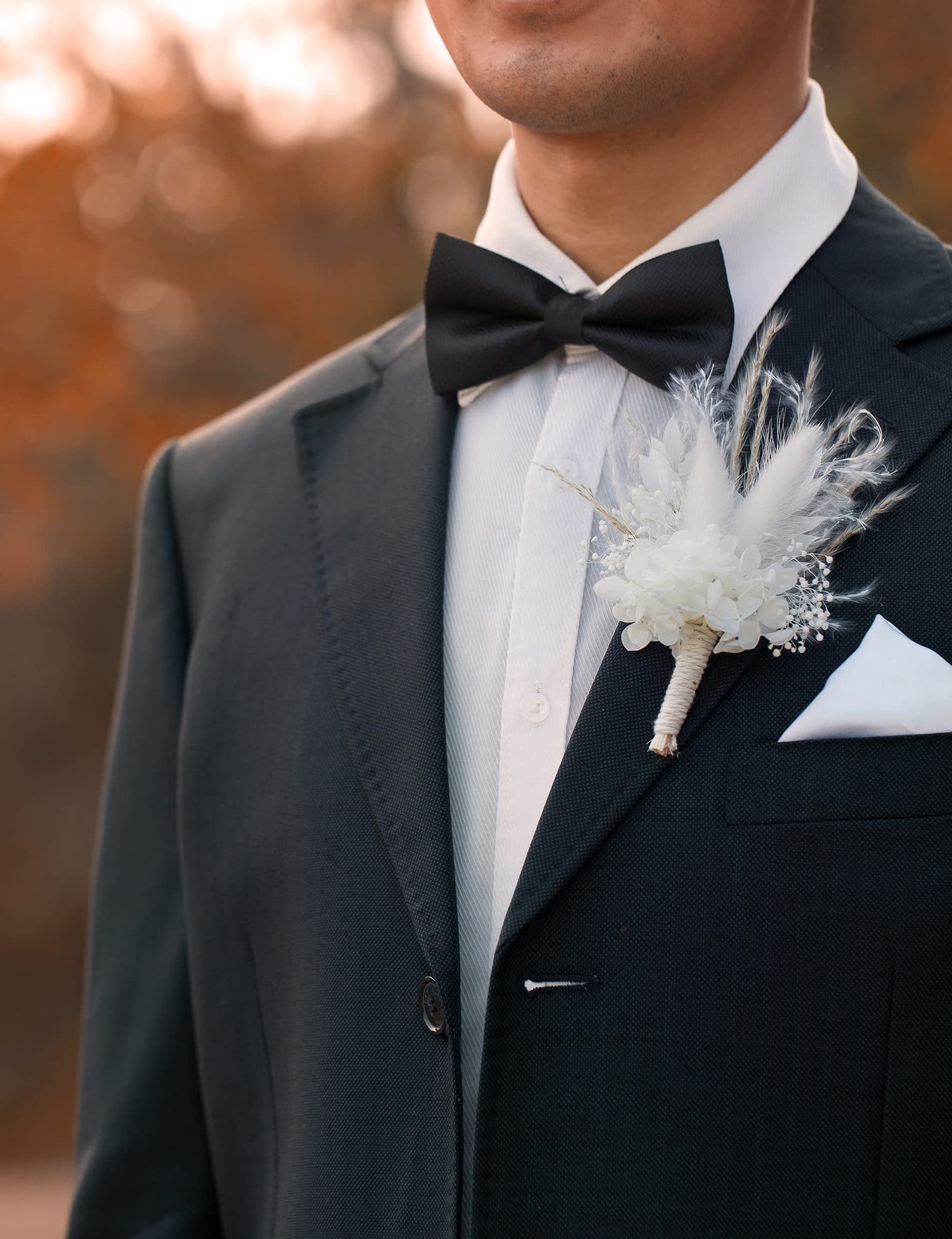 Dried Flowers Boutonnieres 2-Piece Set for Men Wedding Groom Boho Pampas White Boutonniere (White)