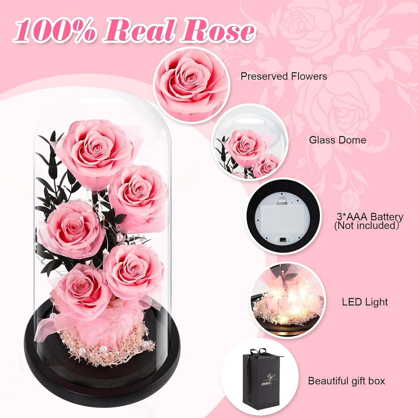 Valentines Day Gifts for Her Forever Flowers Roses in Glass Dome Delivery, Birthday Preserved Flower Gift for Women, Eternal Fresh Rose Flowers Mothers Day Gifts for Mom Wife Grandma(Pink Rose)