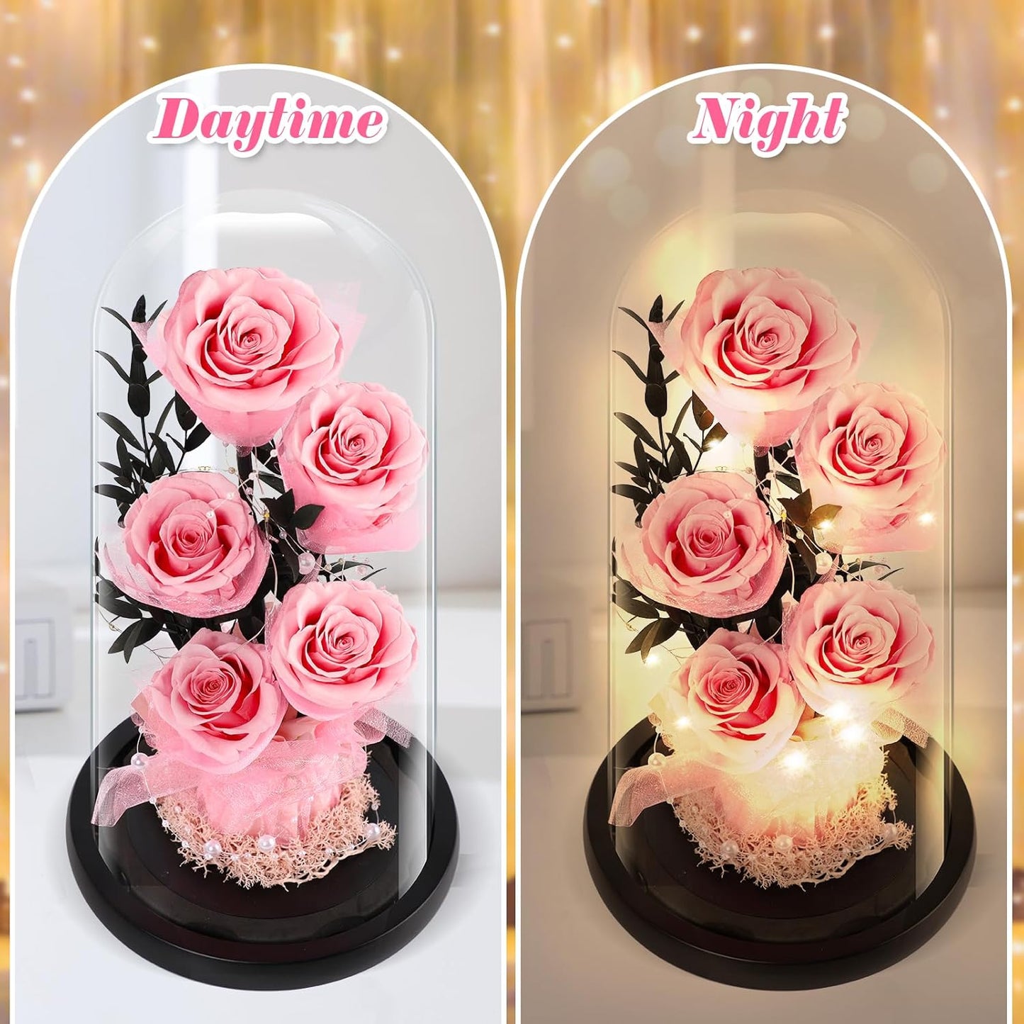 Valentines Day Gifts for Her Forever Flowers Roses in Glass Dome Delivery, Birthday Preserved Flower Gift for Women, Eternal Fresh Rose Flowers Mothers Day Gifts for Mom Wife Grandma(Pink Rose)