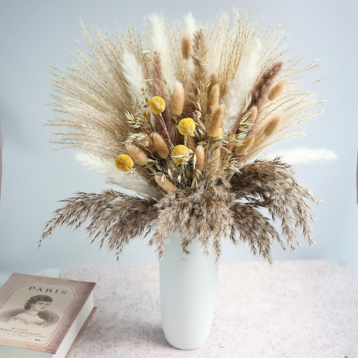 120 PCS Dried Pampas Grass Decoration, Pampas Grass with Preserved Eucalyptus Leaves Dried Flowers, Reed Grass Bouquet for Bohemian Flowers Home Table Wedding Decoration, Rustic Farmhour.(light brown)