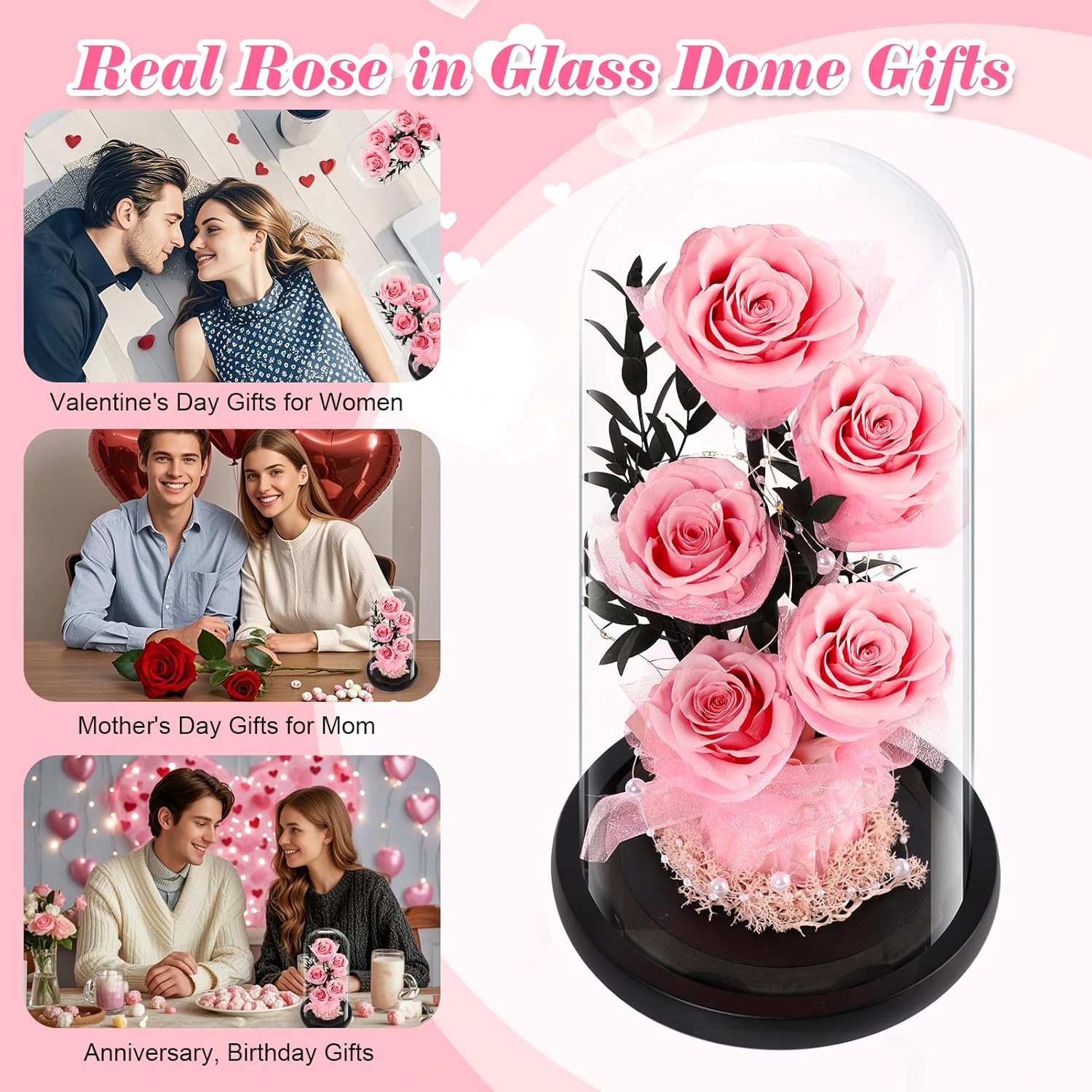 Valentines Day Gifts for Her Forever Flowers Roses in Glass Dome Delivery, Birthday Preserved Flower Gift for Women, Eternal Fresh Rose Flowers Mothers Day Gifts for Mom Wife Grandma(Pink Rose)