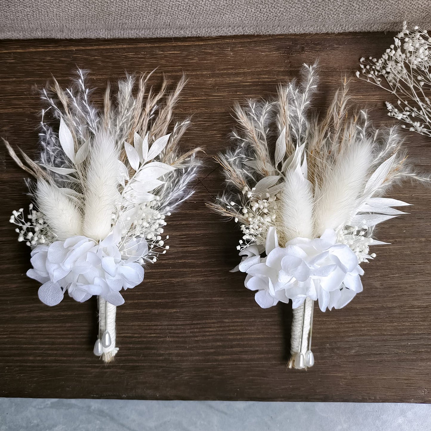 Dried Flowers Boutonnieres 2-Piece Set for Men Wedding Groom Boho Pampas White Boutonniere (White)