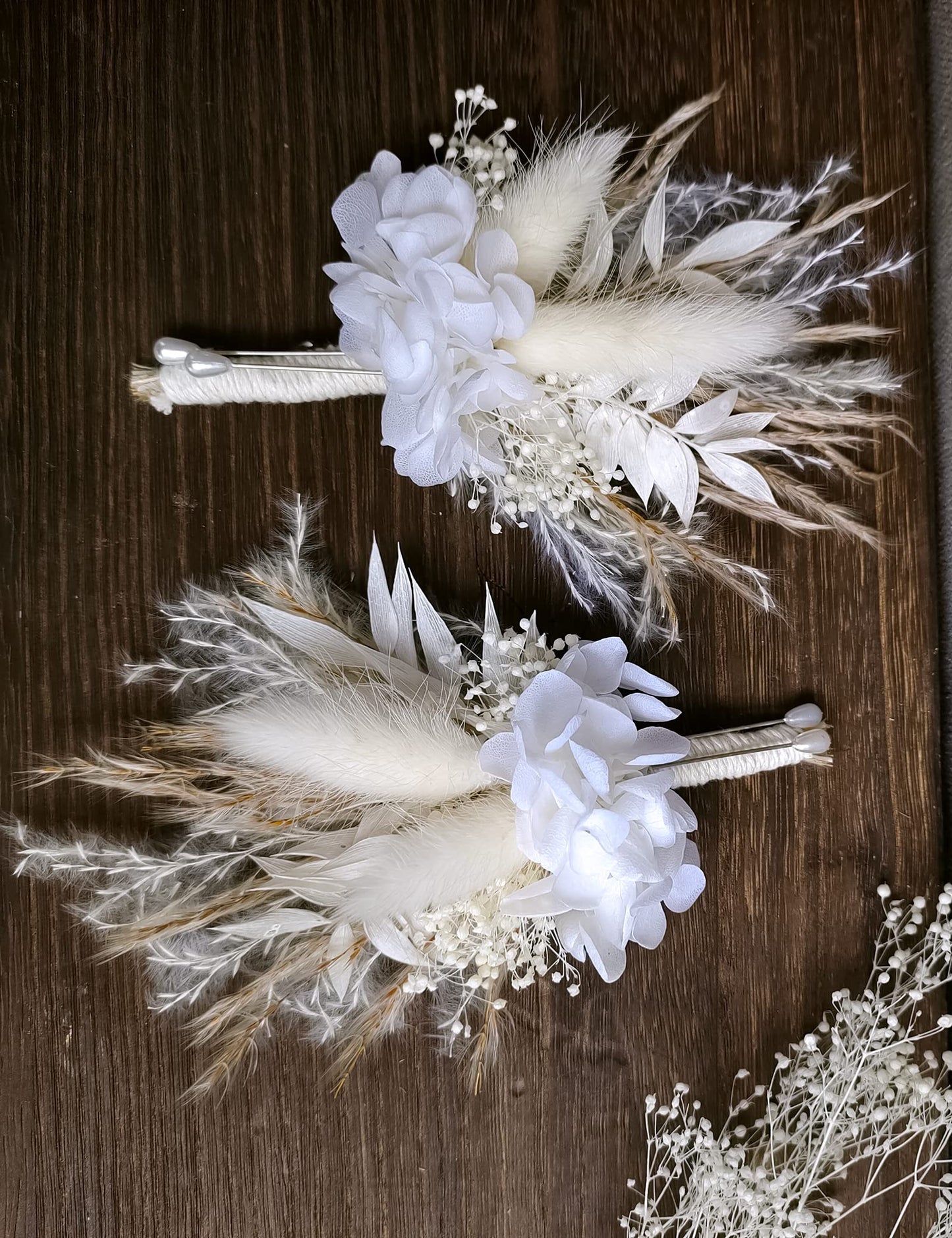 Dried Flowers Boutonnieres 2-Piece Set for Men Wedding Groom Boho Pampas White Boutonniere (White)