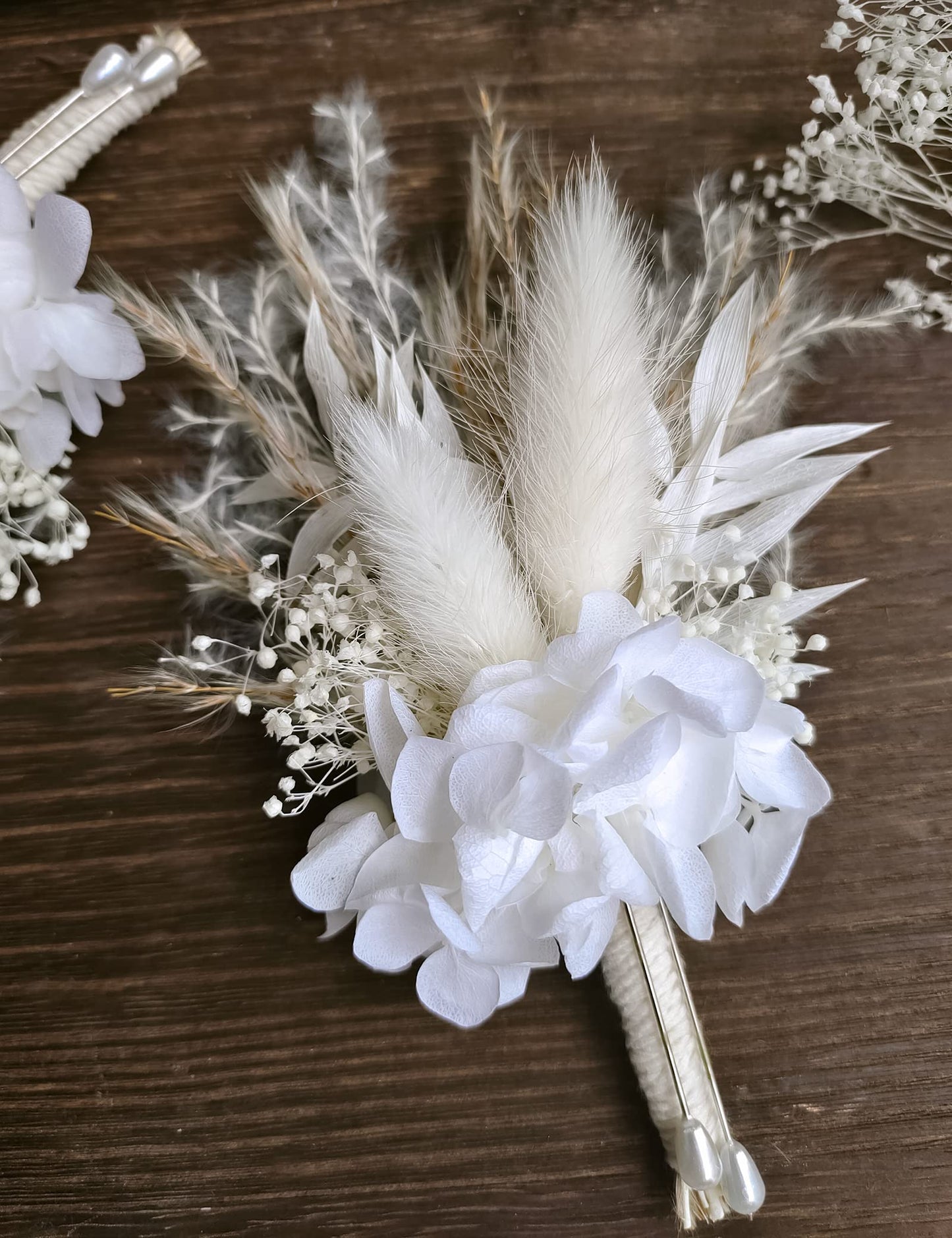 Dried Flowers Boutonnieres 2-Piece Set for Men Wedding Groom Boho Pampas White Boutonniere (White)