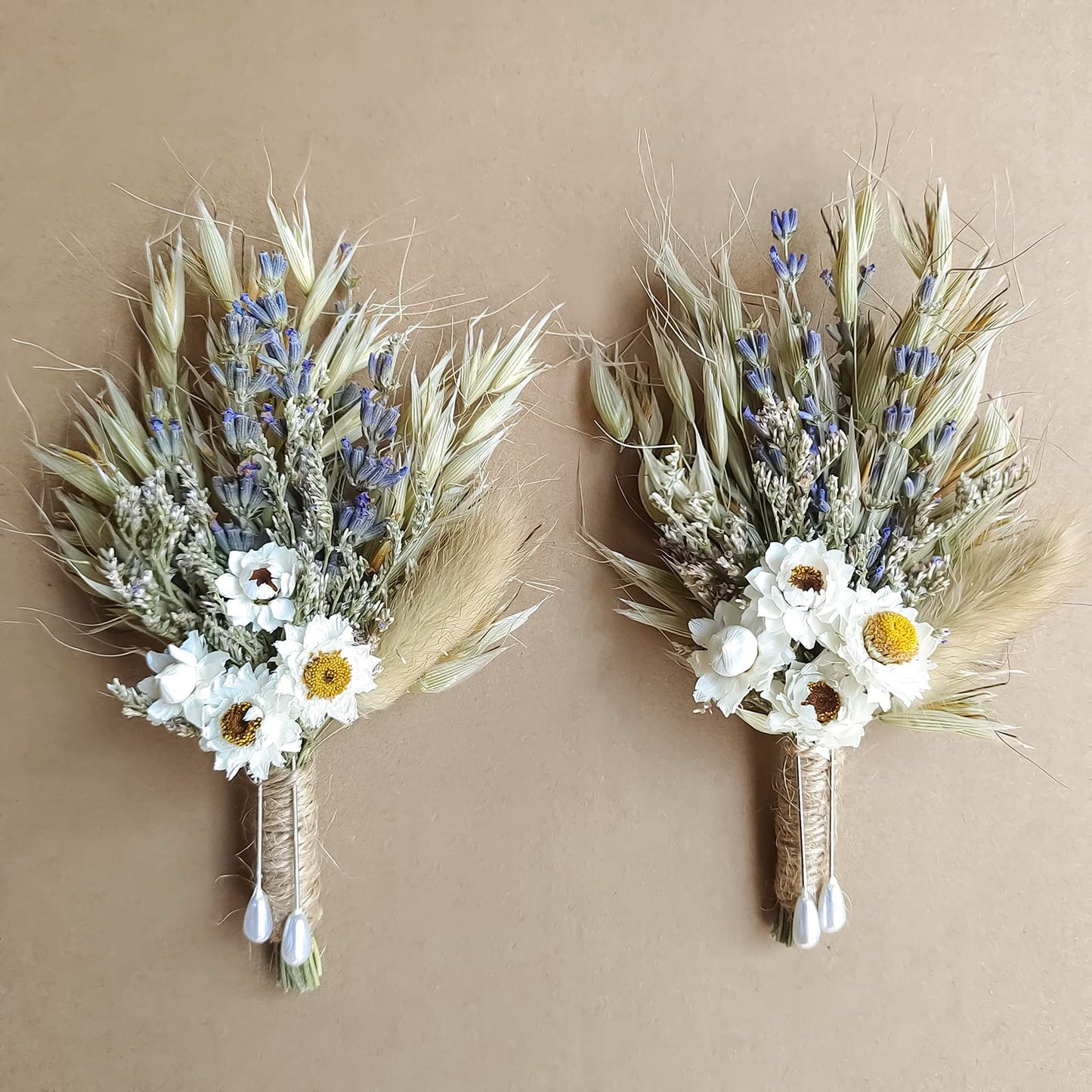 Dried Flowers Boutonnieres 2-Piece Set for Men Wedding Groom Boho Pampas White Boutonniere (White)