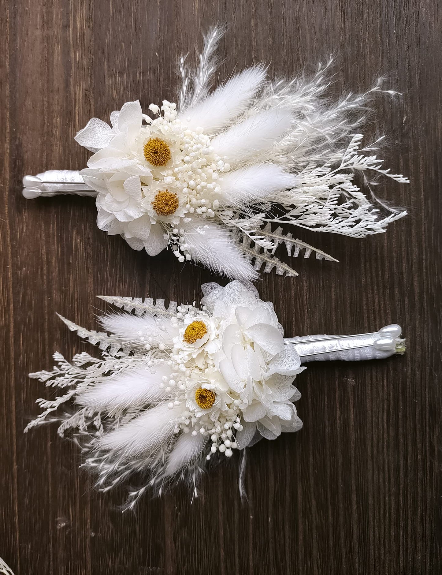 Dried Flowers Boutonnieres 2-Piece Set for Men Wedding Groom Boho Pampas White Boutonniere (White)