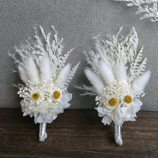 Dried Flowers Boutonnieres 2-Piece Set for Men Wedding Groom Boho Pampas White Boutonniere (White)