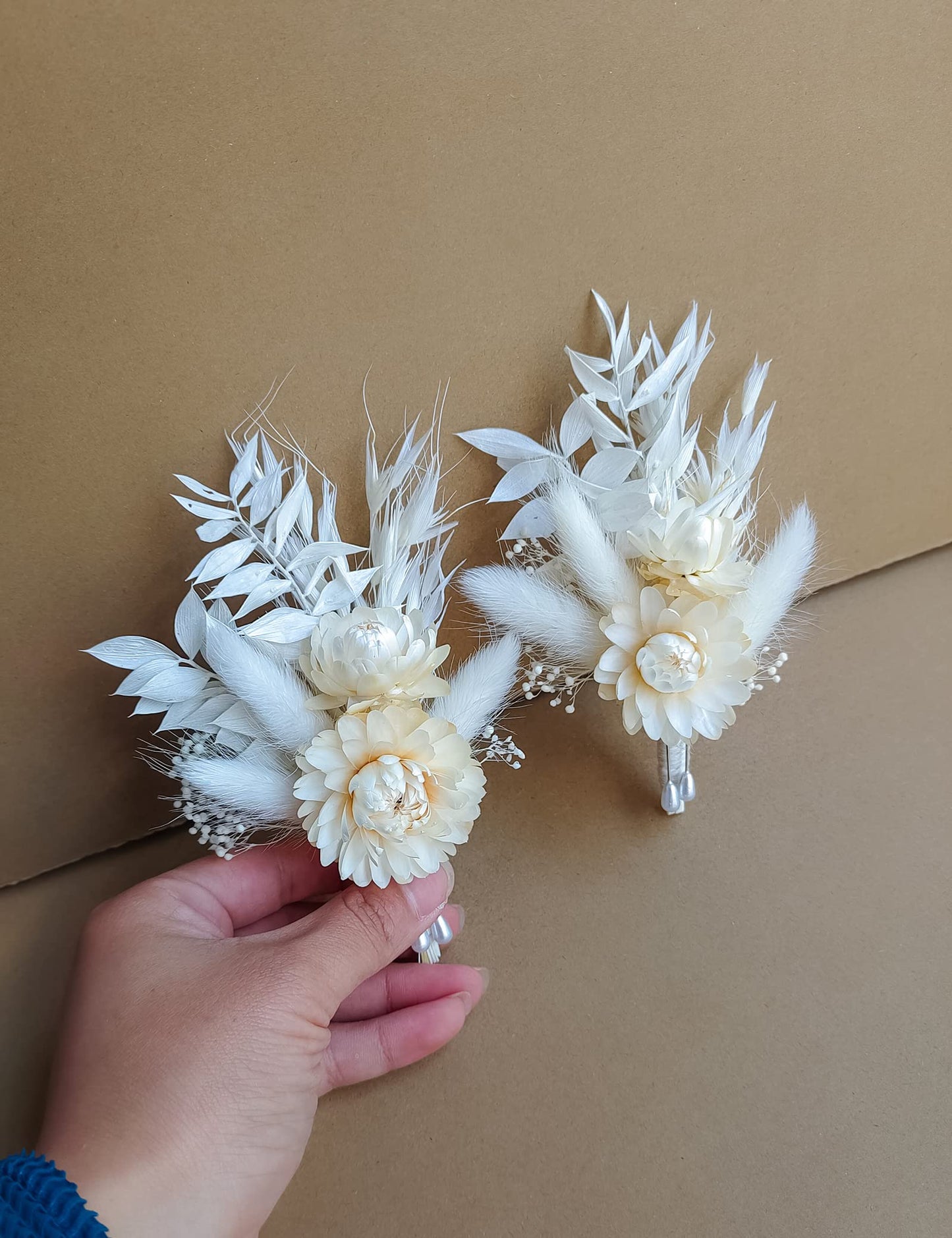 Dried Flowers Boutonnieres 2-Piece Set for Men Wedding Groom Boho Pampas White Boutonniere (White)