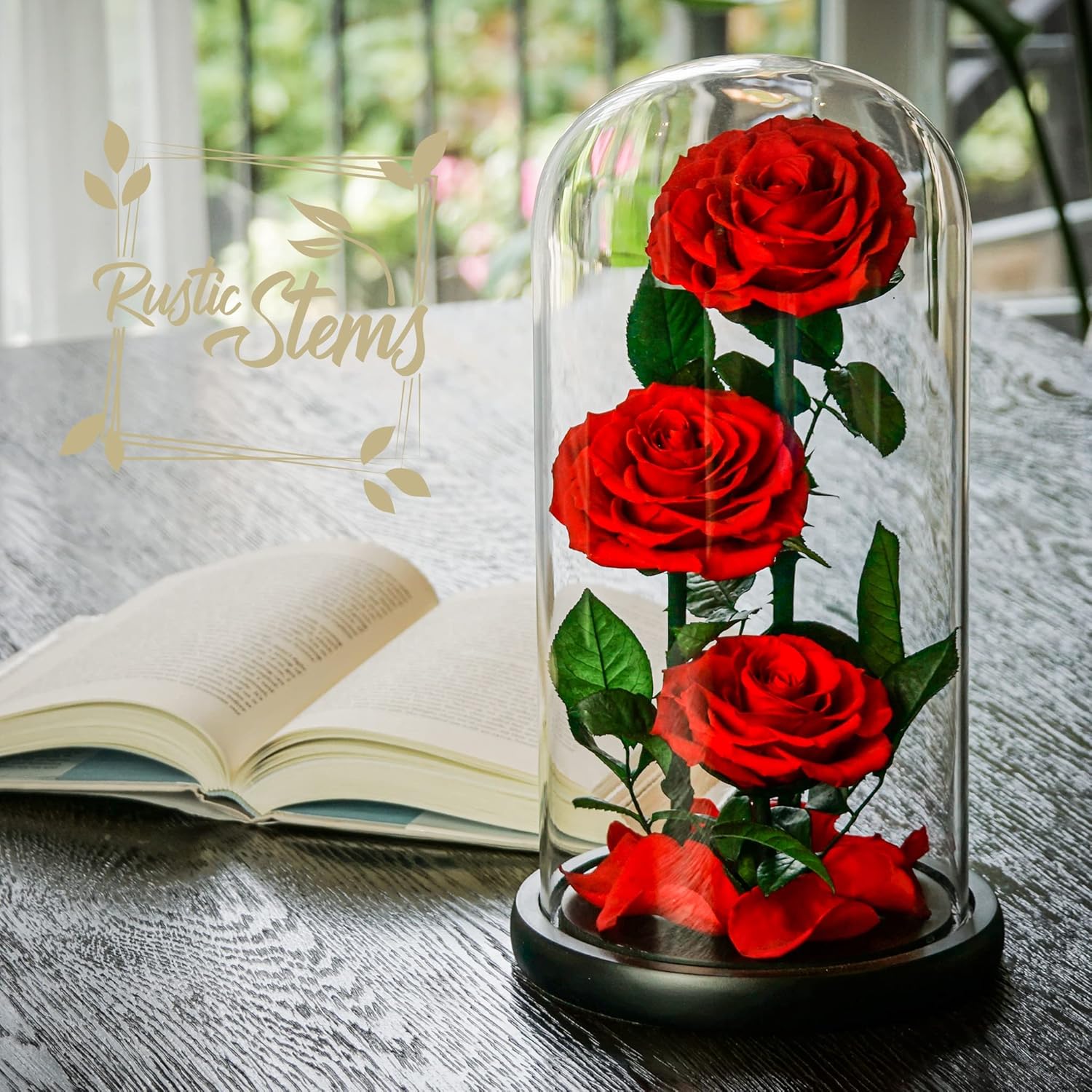 Luxury Preserved Real Rose Glass Dome Eternal Flower Forever Beauty Beast Love Gift for Mom Women Wife Girlfriend Valentine’s Wedding Birthday Anniversary Christmas Decor