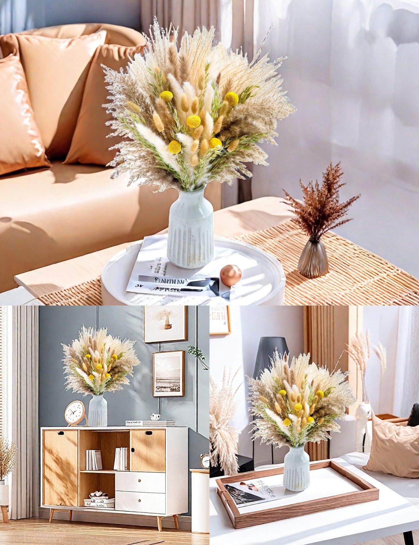 120 PCS Dried Pampas Grass Decoration, Pampas Grass with Preserved Eucalyptus Leaves Dried Flowers, Reed Grass Bouquet for Bohemian Flowers Home Table Wedding Decoration, Rustic Farmhour.(light brown)