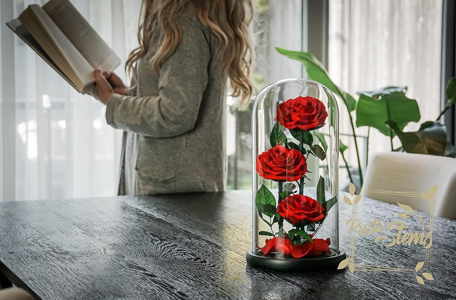 Luxury Preserved Real Rose Glass Dome Eternal Flower Forever Beauty Beast Love Gift for Mom Women Wife Girlfriend Valentine’s Wedding Birthday Anniversary Christmas Decor