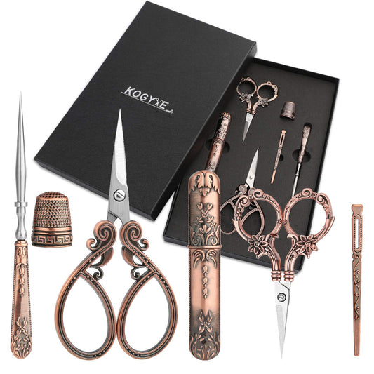 Embroidery Kits Include 2 Pairs Vintage Scissors, Sewing Needle Case, Thimble, Threader, European Style Complete Sewing Kit for Embroidery, Needlework (Red Copper)