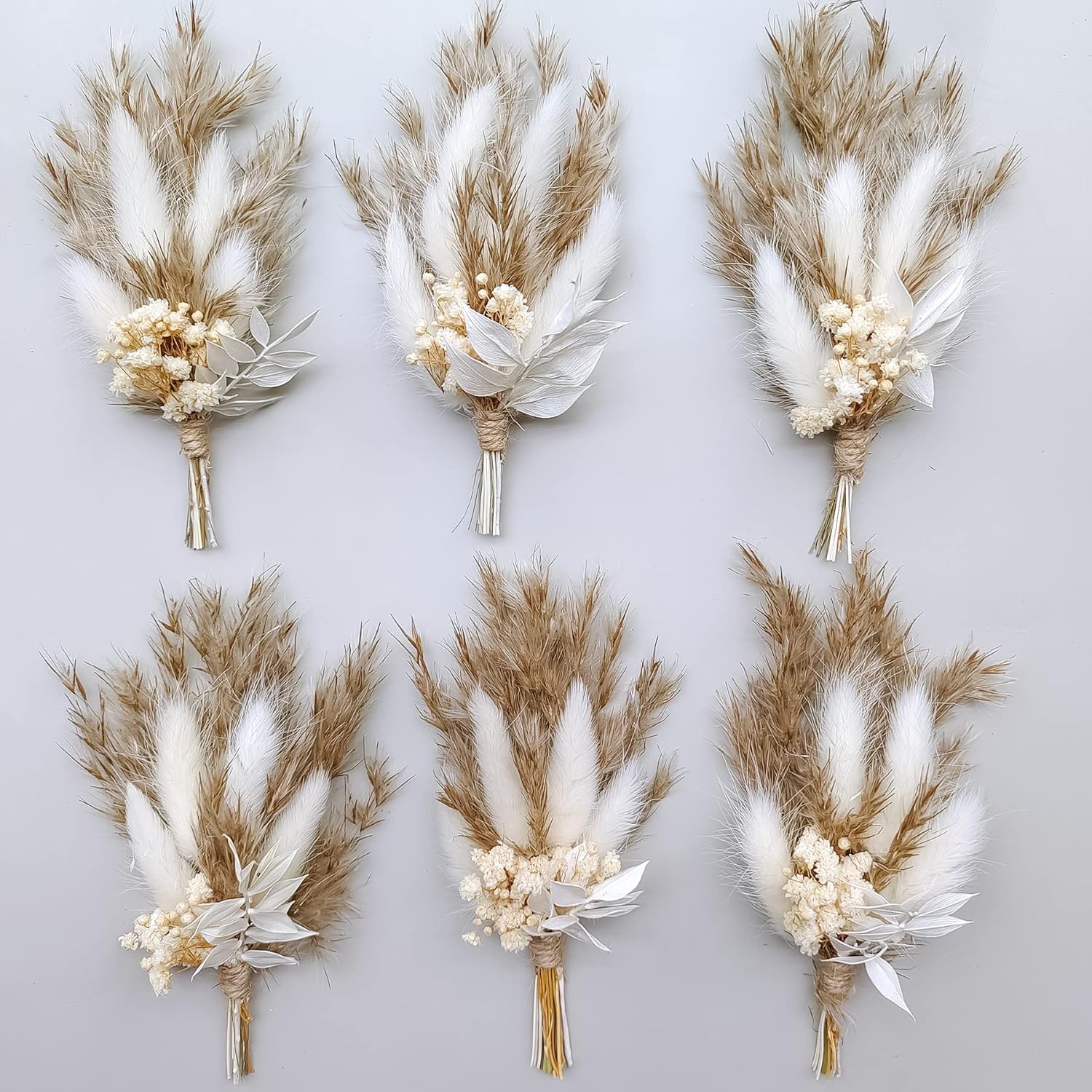 Mini Dried Flower Bouquet Set of 6, Boho Wedding Decor, Boutonniere for Men,Table Centerpieces, Dry Pampas Grass,Birthday Cake Flowers,Personalized Bridesmaid Gift Box,Small Bottles Decoration.(White)