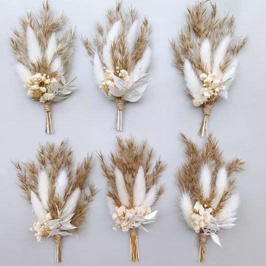 Mini Dried Flower Bouquet Set of 6, Boho Wedding Decor, Boutonniere for Men,Table Centerpieces, Dry Pampas Grass,Birthday Cake Flowers,Personalized Bridesmaid Gift Box,Small Bottles Decoration.(White)