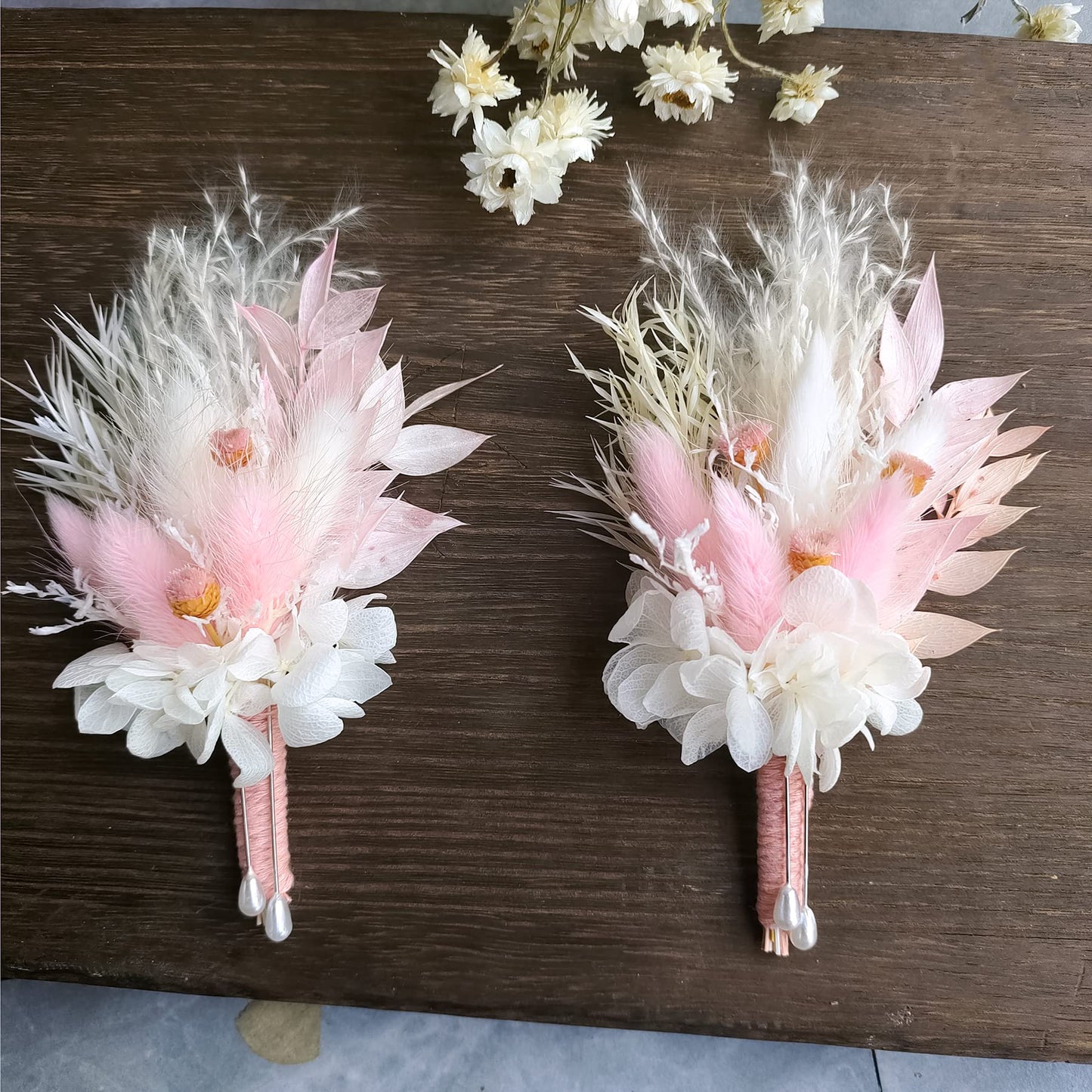 Dried Flowers Boutonnieres 2-Piece Set for Men Wedding Groom Boho Pampas White Boutonniere (White)