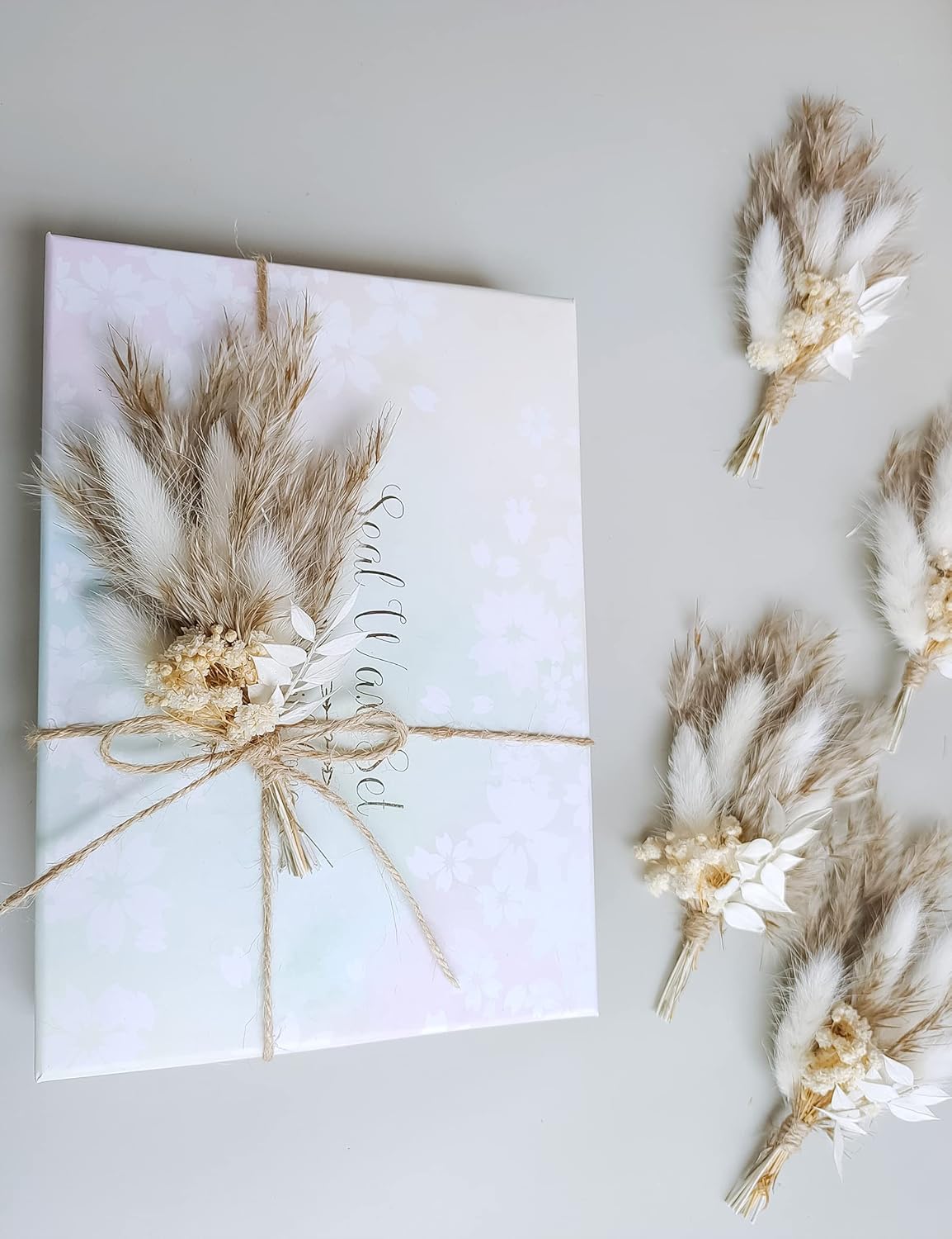 Mini Dried Flower Bouquet Set of 6, Boho Wedding Decor, Boutonniere for Men,Table Centerpieces, Dry Pampas Grass,Birthday Cake Flowers,Personalized Bridesmaid Gift Box,Small Bottles Decoration.(White)