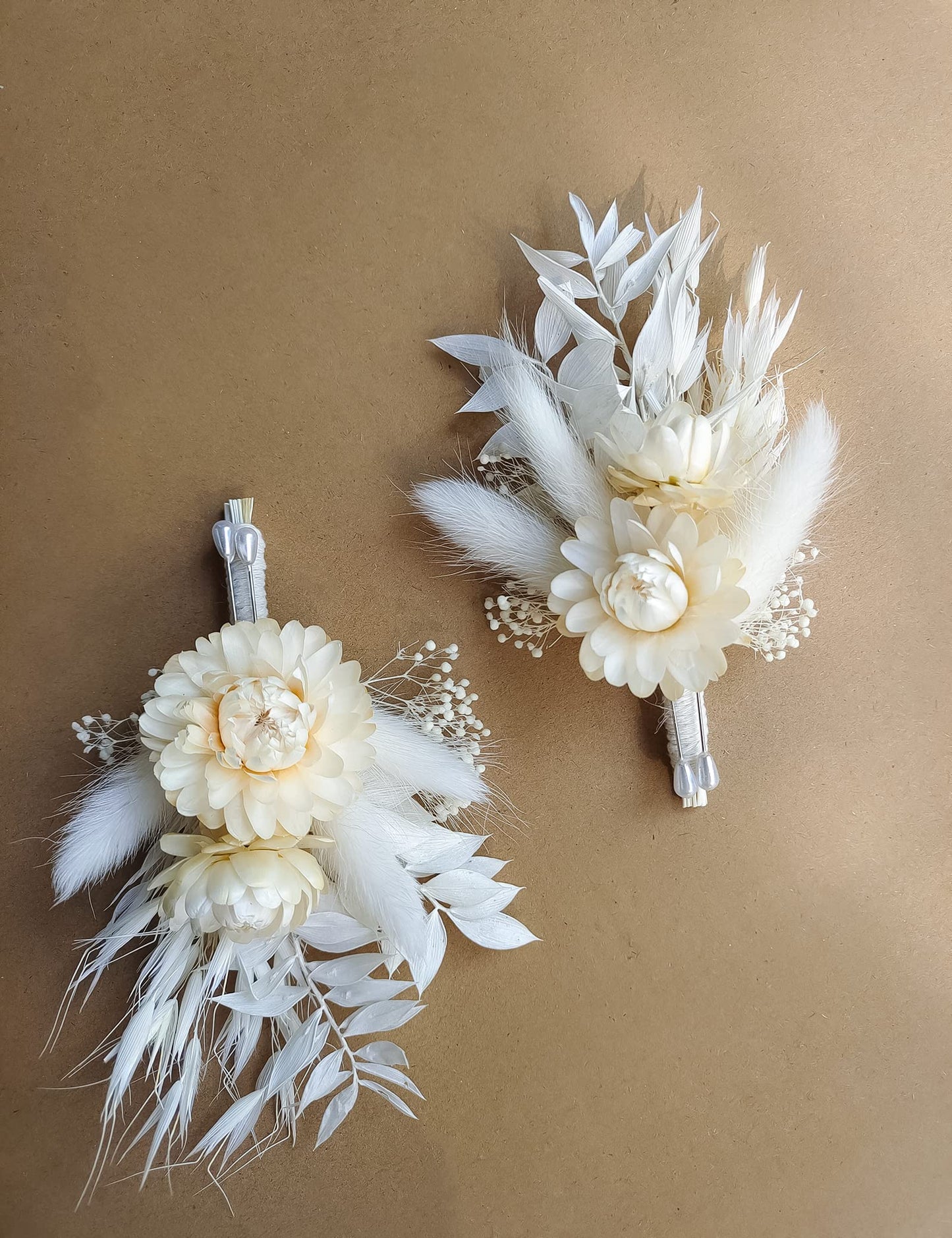 Dried Flowers Boutonnieres 2-Piece Set for Men Wedding Groom Boho Pampas White Boutonniere (White)