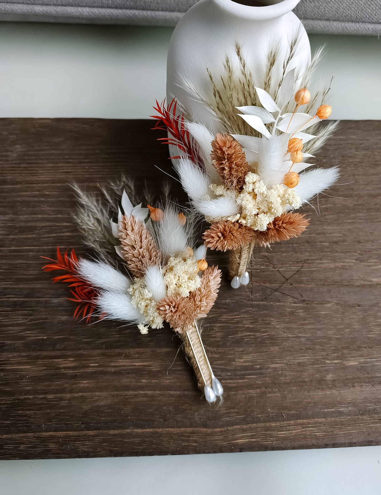 Dried Flowers Boutonnieres 2-Piece Set for Men Wedding Groom Boho Pampas White Boutonniere (White)