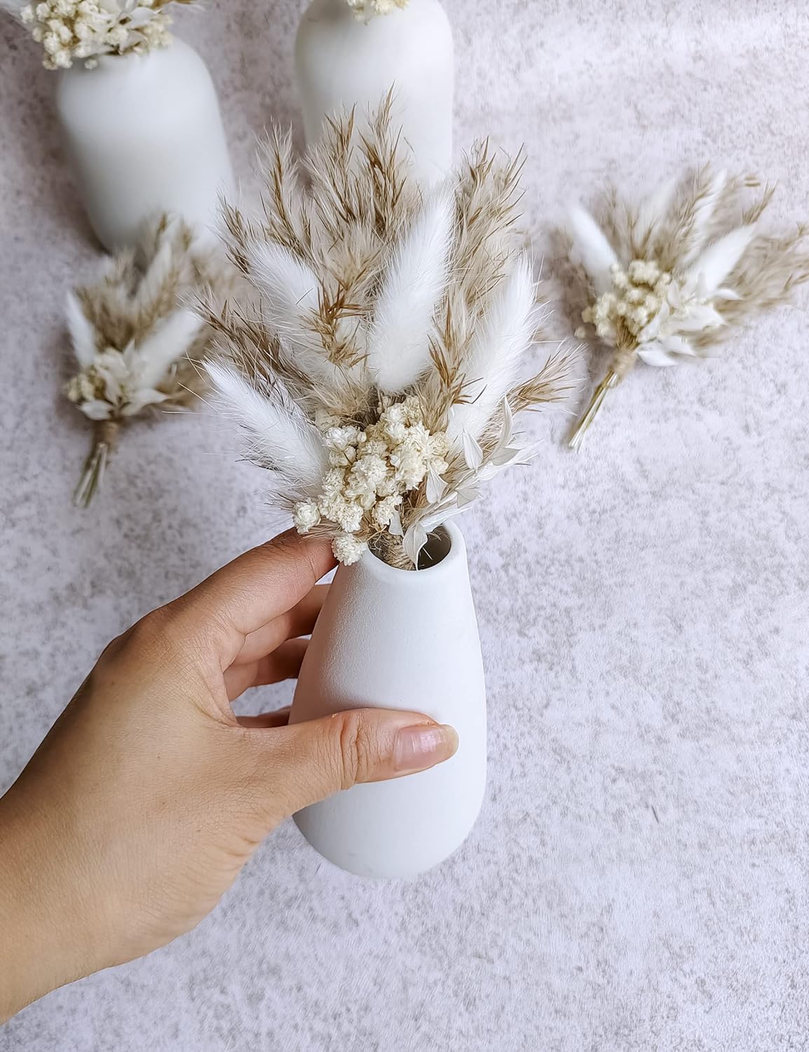 Mini Dried Flower Bouquet Set of 6, Boho Wedding Decor, Boutonniere for Men,Table Centerpieces, Dry Pampas Grass,Birthday Cake Flowers,Personalized Bridesmaid Gift Box,Small Bottles Decoration.(White)