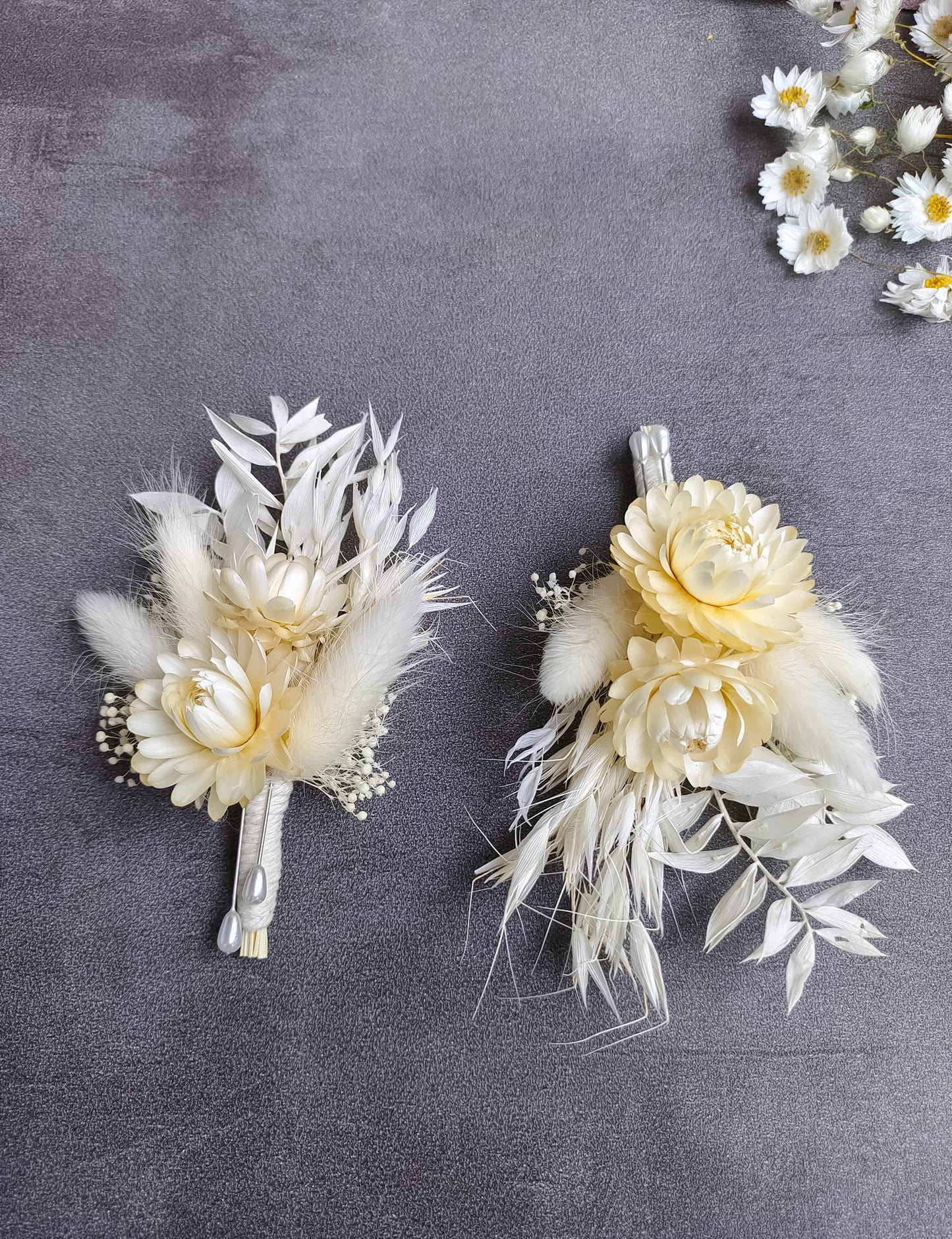 Dried Flowers Boutonnieres 2-Piece Set for Men Wedding Groom Boho Pampas White Boutonniere (White)