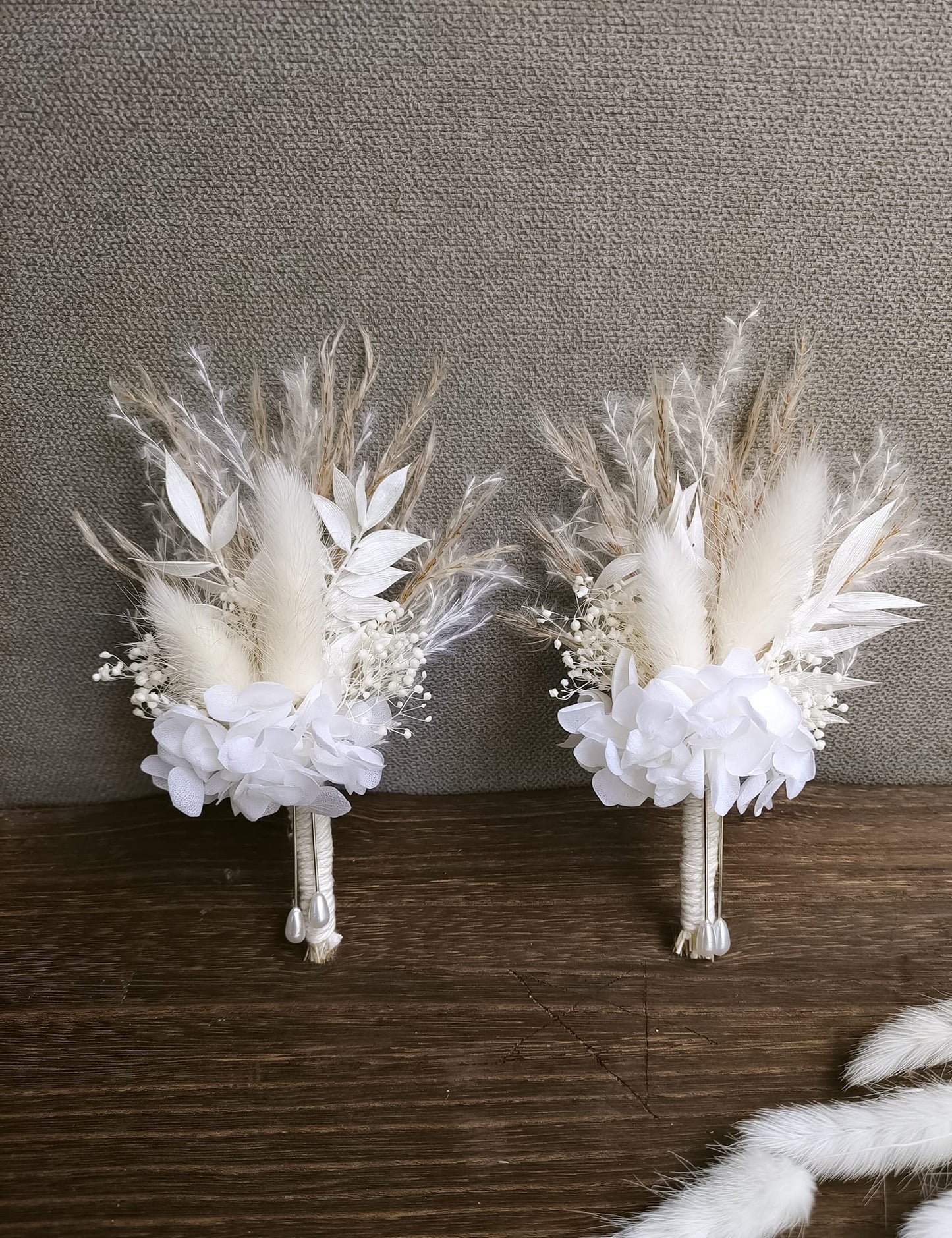 Dried Flowers Boutonnieres 2-Piece Set for Men Wedding Groom Boho Pampas White Boutonniere (White)